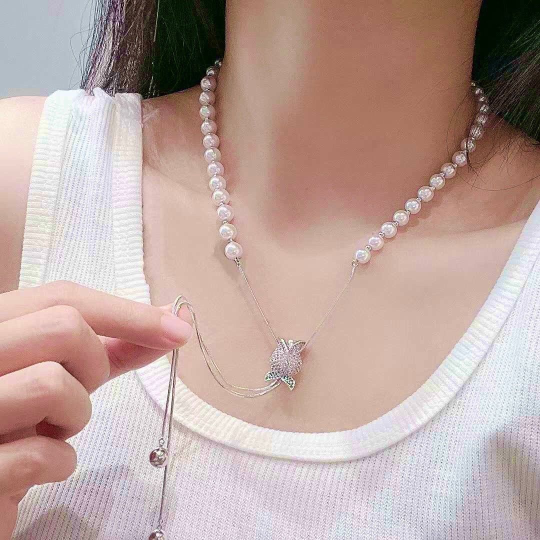 Dây Chuyền Dài Cao Cấp - Hoa Hồng Pha Lê Hồng & Ngọc Trai Trắng Tinh Tế (AN)