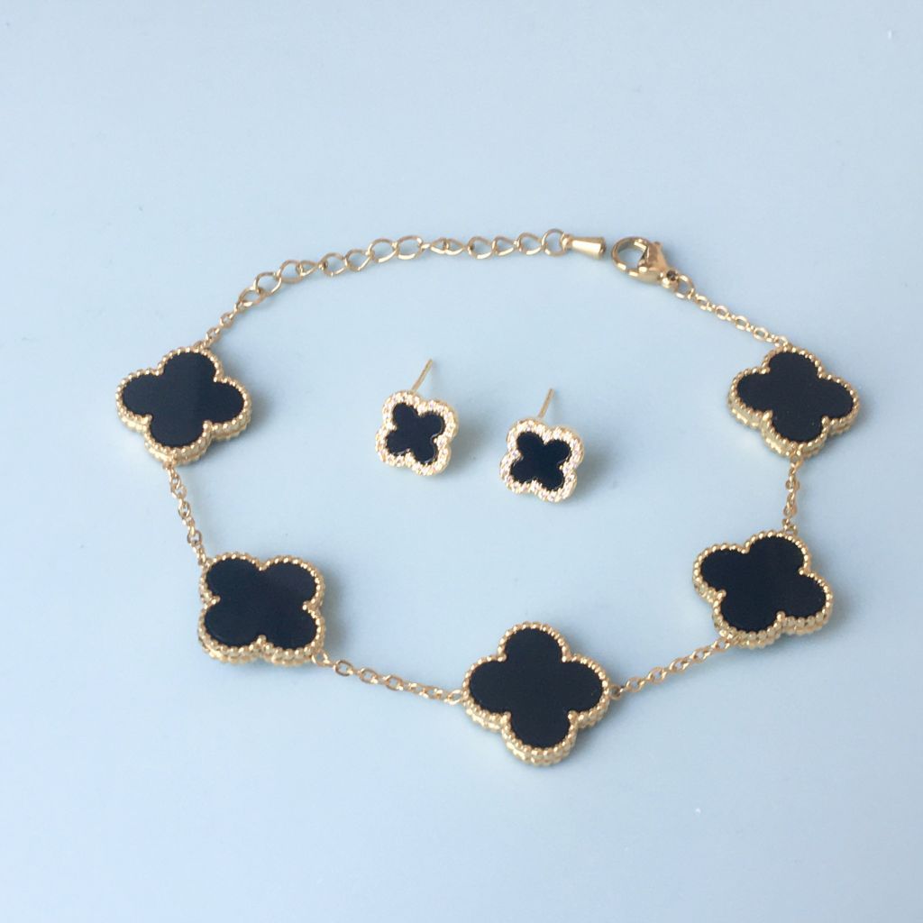 Bộ Trang Sức Cỏ 4 Lá May Mắn Vàng Đen Size 1cm - Dây Chuyền, Vòng Tay & Bông Tai Pha Lê (AP)