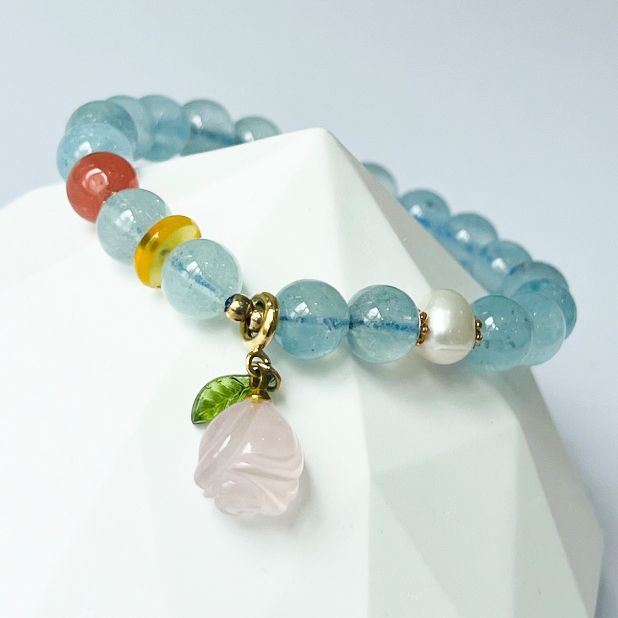 Vòng Tay Phong Thuỷ Cao Cấp - Hoa Hồng Thạch Anh Hồng, Aquamarine & Ngọc Trai Thiên Nhiên