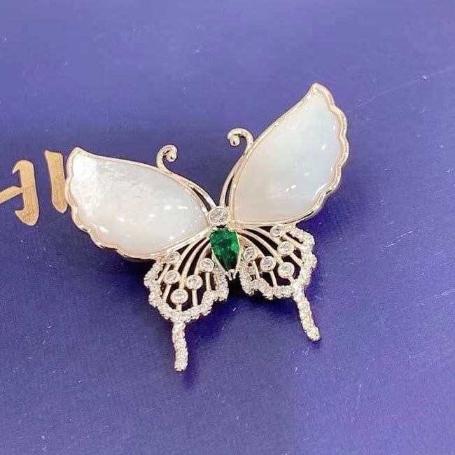 Cài Áo - Con Bướm Vỏ Trai Thiên Nhiên & Pha Lê Xanh