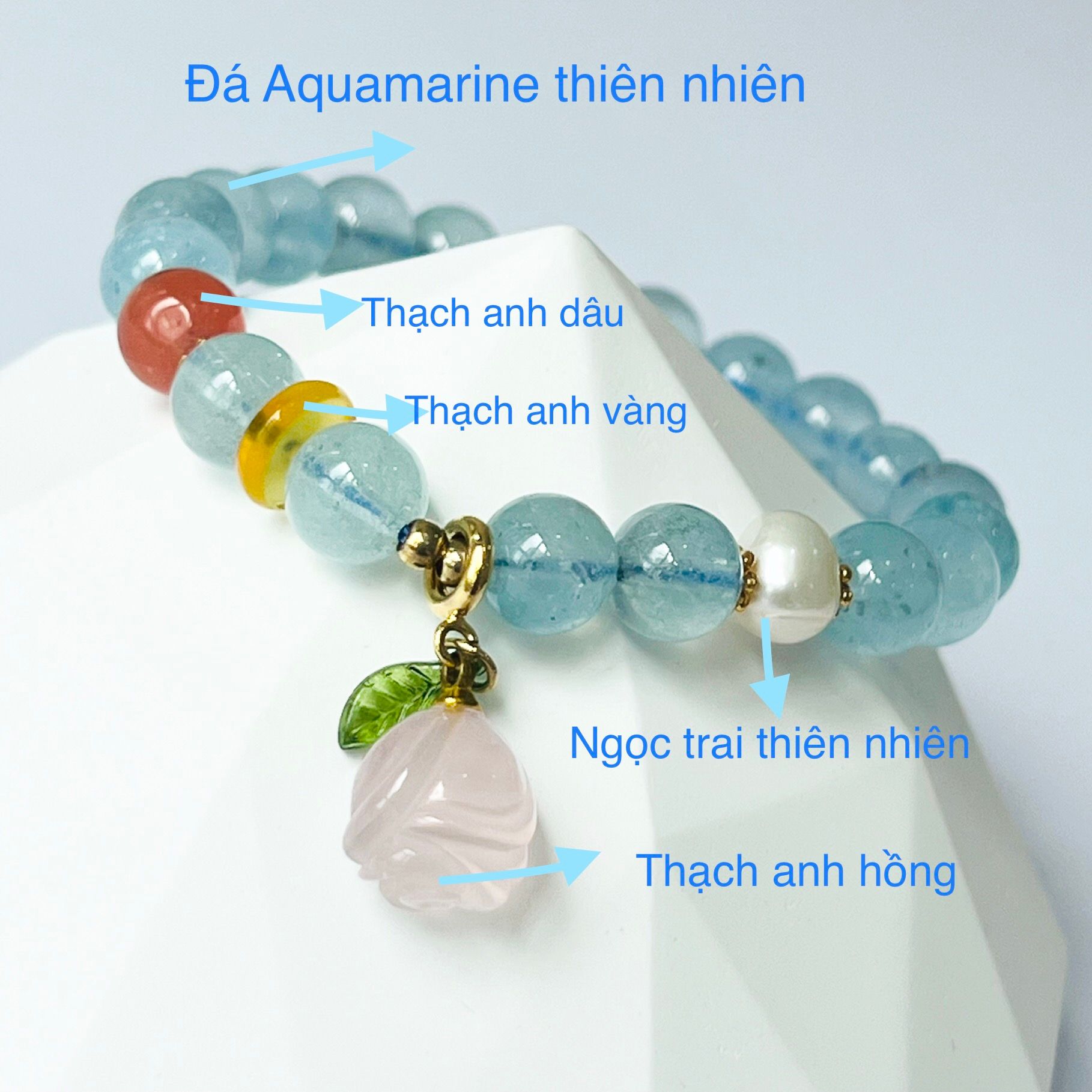 Vòng Tay Phong Thuỷ Cao Cấp - Hoa Hồng Thạch Anh Hồng, Aquamarine & Ngọc Trai Thiên Nhiên