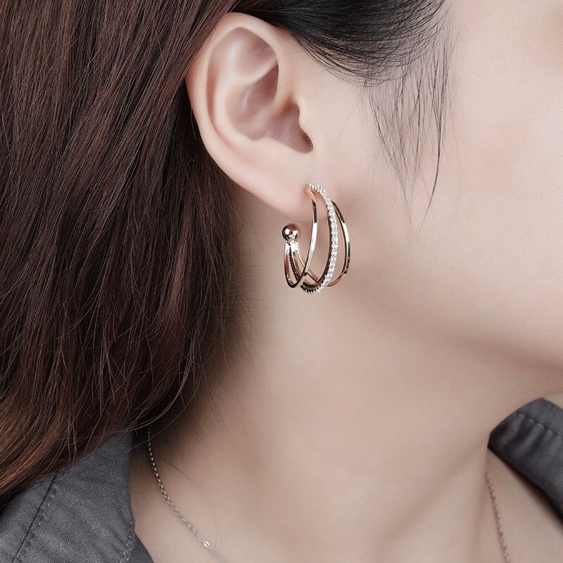Bông Tai Khoen Tròn 3 Vòng Màu Trắng 3,8cm Pha Lê (BO)