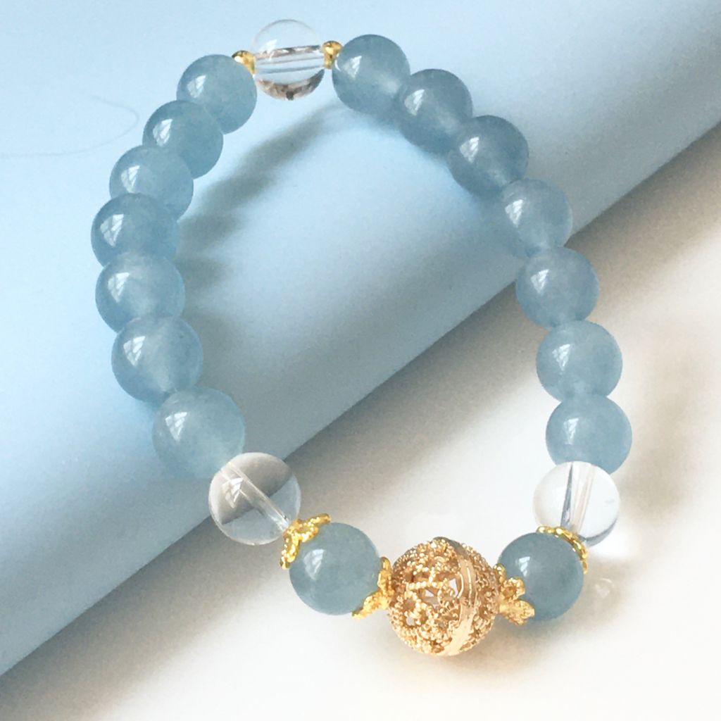  Vòng Tay Phong Thuỷ Cao Cấp - Quả Cầu Vàng, Đá Aquamarine & Đá Thạch Anh Trắng Thiên Nhiên 