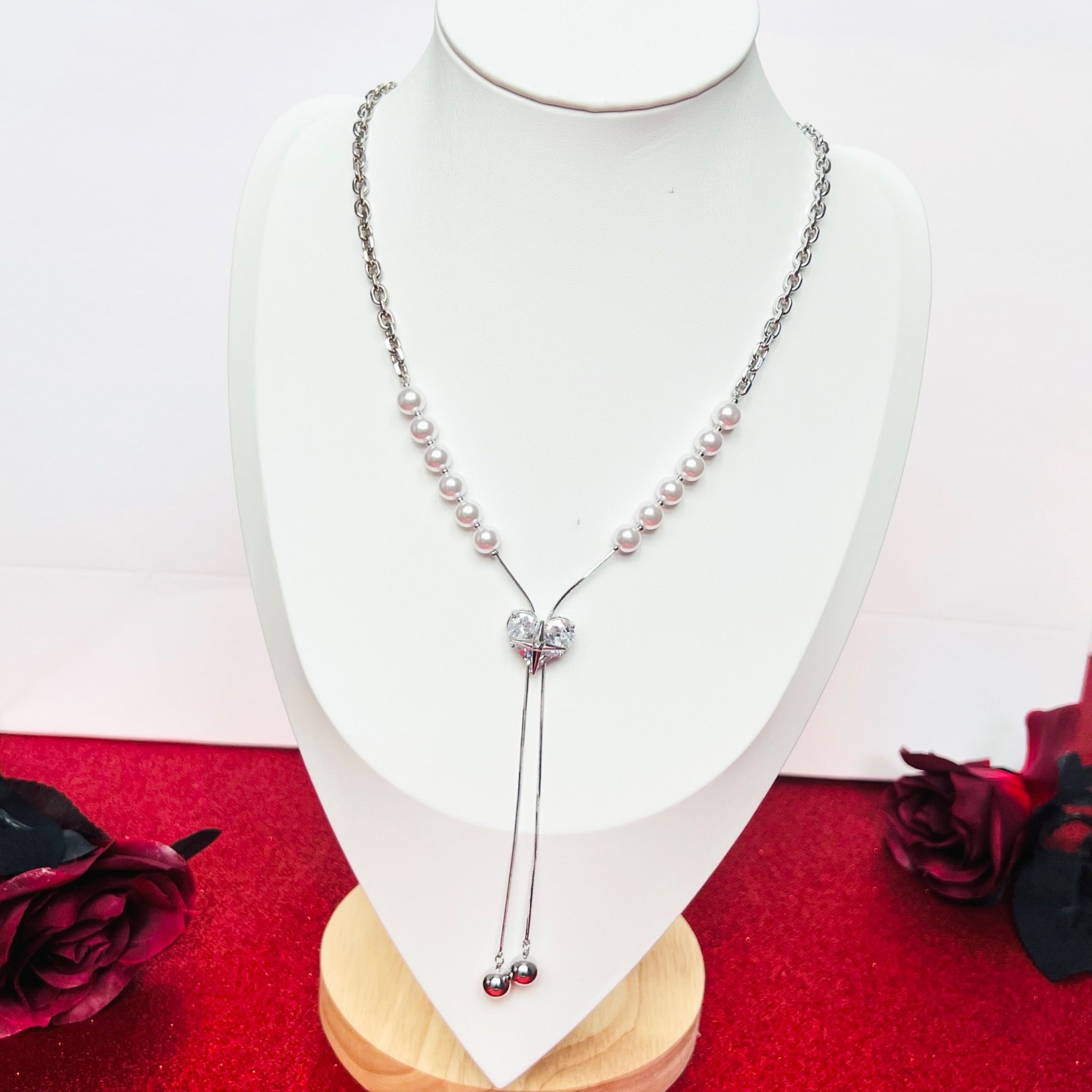 Dây Chuyền Ngắn - Choker Trái Tim Ngọc Trai & Pha Lê Trắng ( Có 2 Kiểu Đeo )