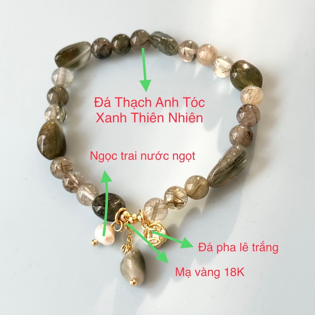  Vòng Tay Phong Thuỷ Cao Cấp - Đồng Tiền Pha Lê, Ngọc Trai Nước Ngọt & Đá Thạch Tóc Xanh Lá Thiên Nhiên May Mắn 