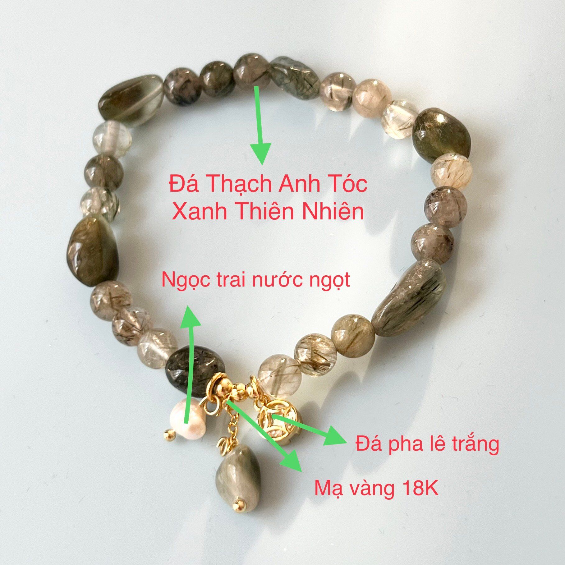 Vòng Tay Phong Thuỷ Cao Cấp - Đồng Tiền Pha Lê, Ngọc Trai Nước Ngọt & Đá Thạch Tóc Xanh Lá Thiên Nhiên May Mắn