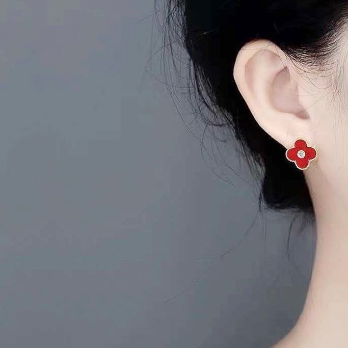 Bộ Trang Sức Cỏ 4 Lá May Mắn - Vòng Tay & Bông Tai Màu Đỏ Bản To Pha Lê (AB)