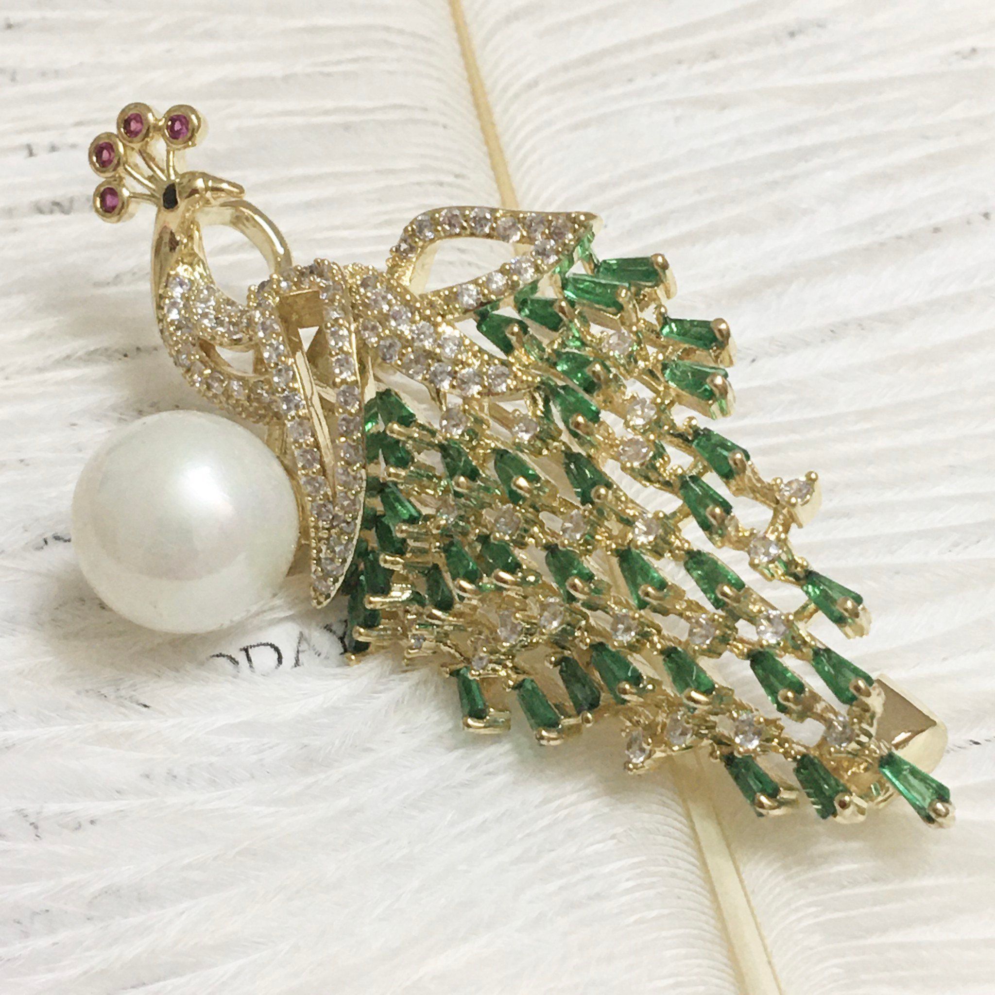 Cài Áo & Mặt Dây Chuyền - Con Phượng Hoàng Ngọc Trai & Pha Lê Xanh Quý Phái (AD)