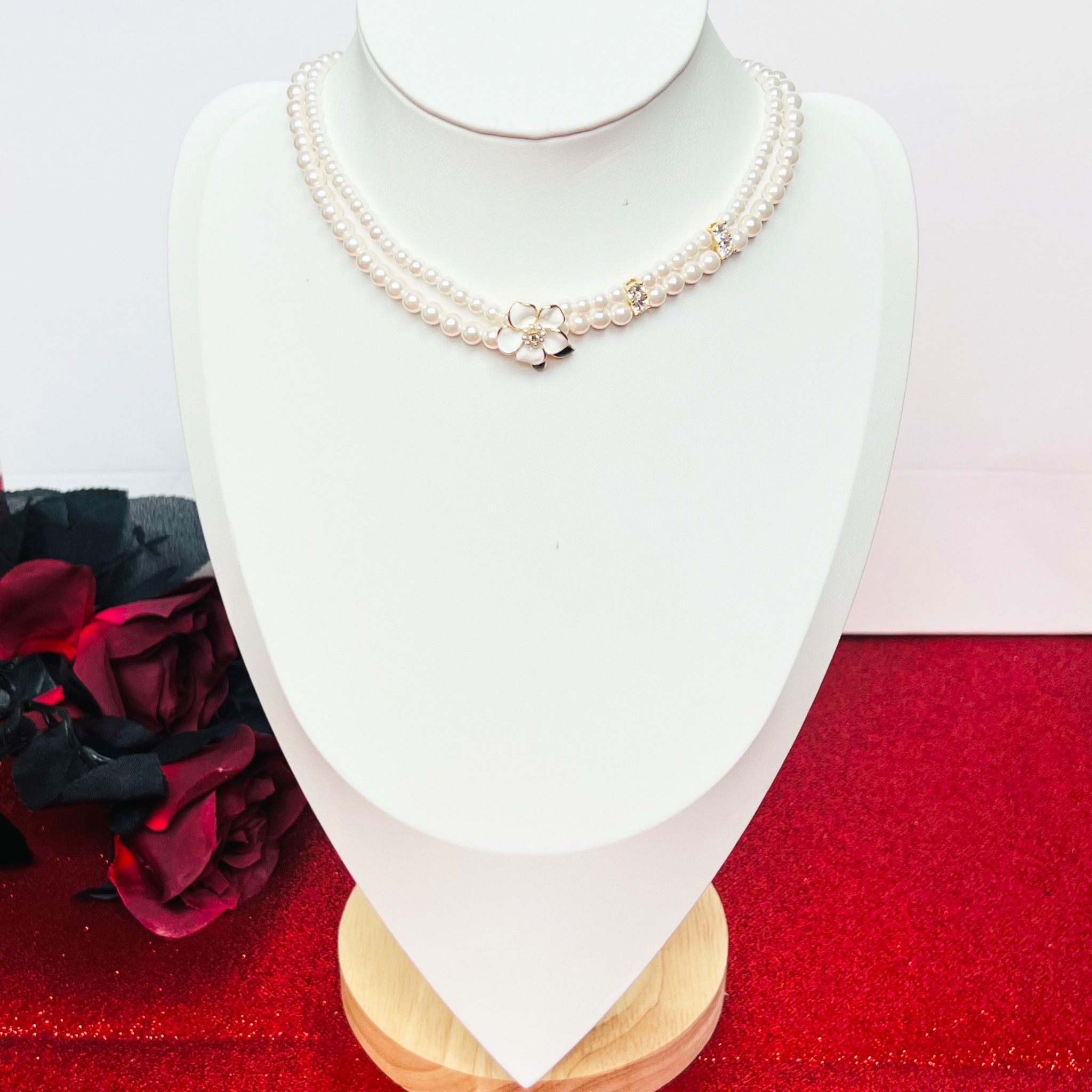 Dây Chuyền Ngắn - Choker Hoa Mai Chuỗi Ngọc Trai & Pha Lê (AN)