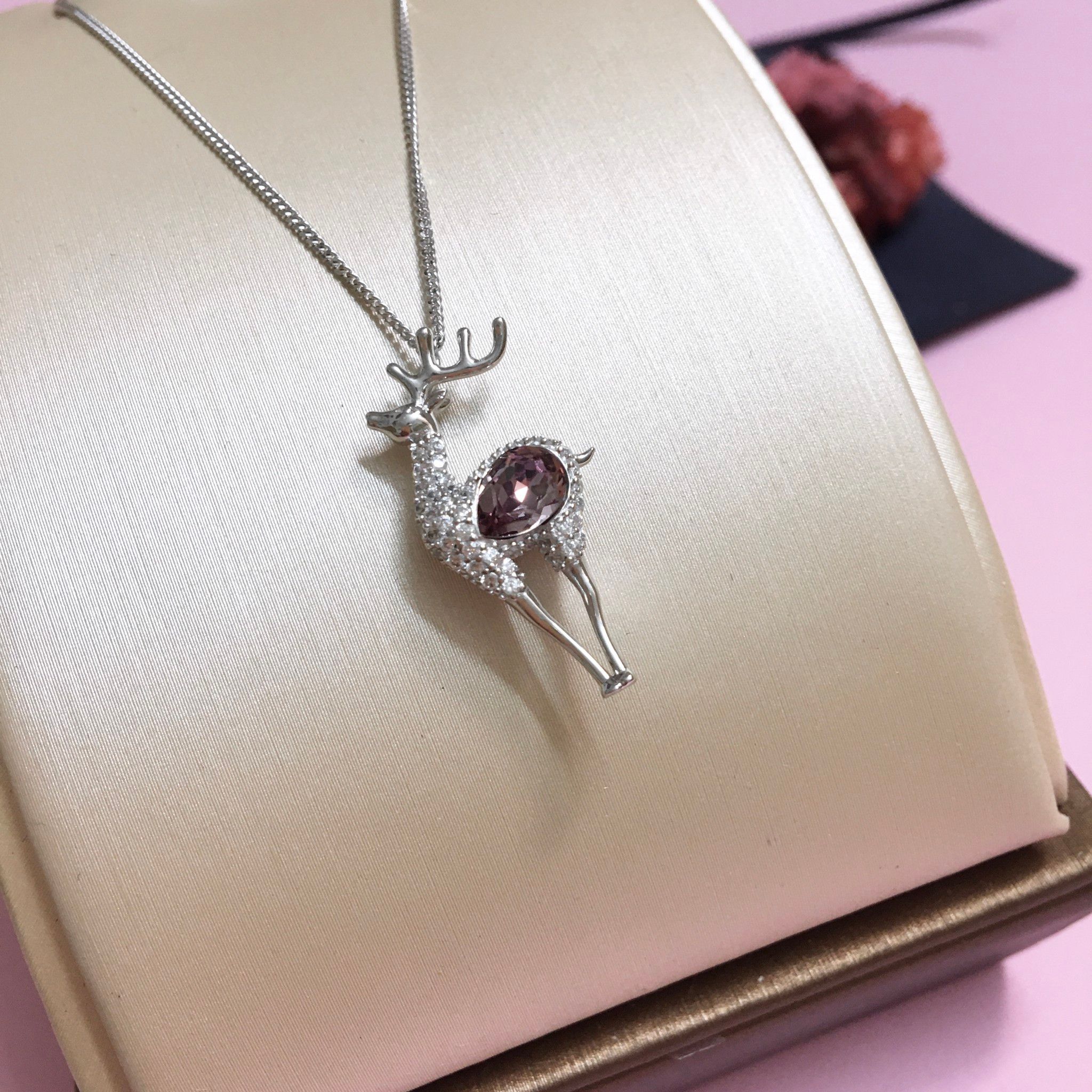 Dây Chuyền Bạc Cao Cấp - Con Nai Pha Lê Hồng & Trắng