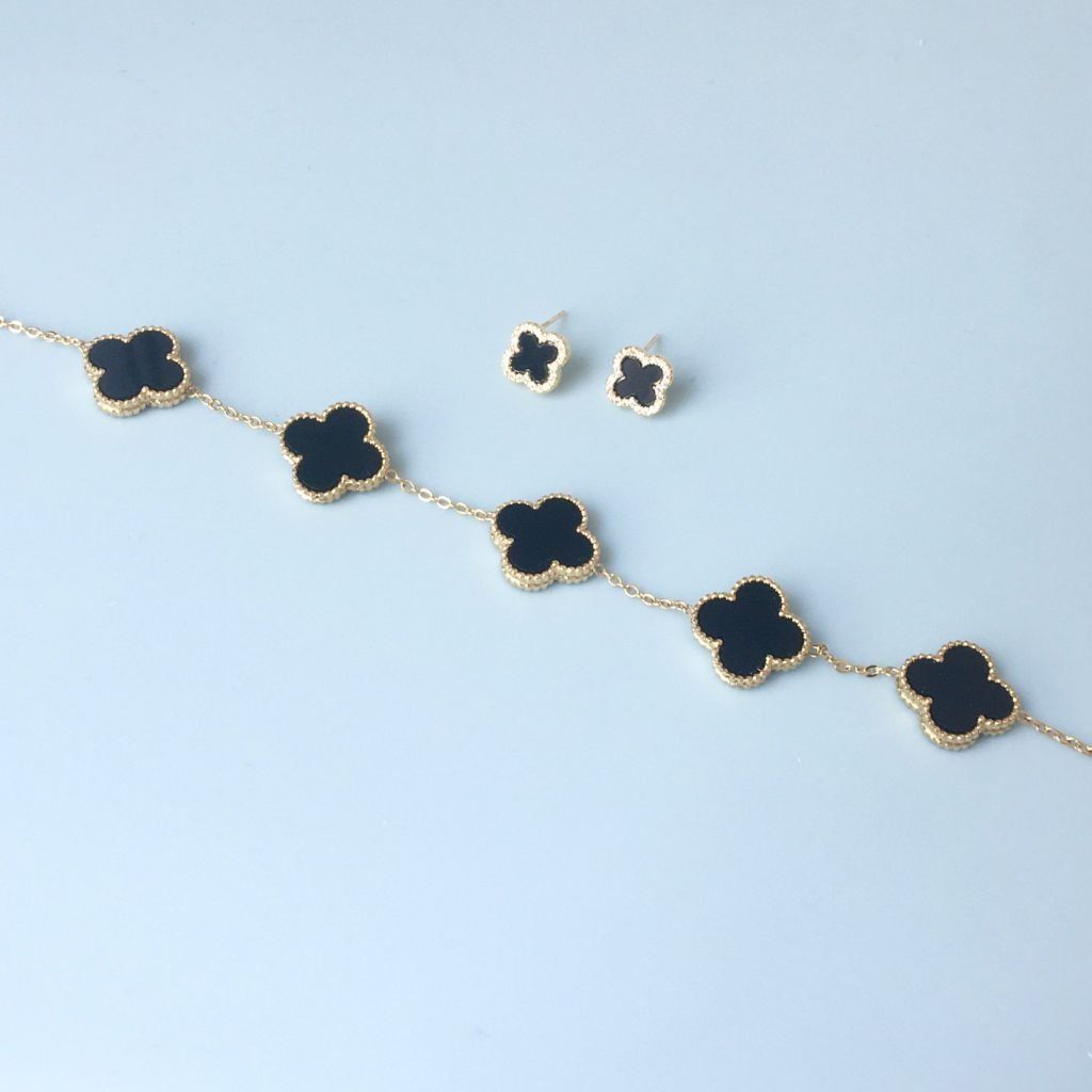 Bộ Trang Sức Cỏ 4 Lá May Mắn Vàng Đen Size 1cm - Dây Chuyền, Vòng Tay & Bông Tai Pha Lê (AP)