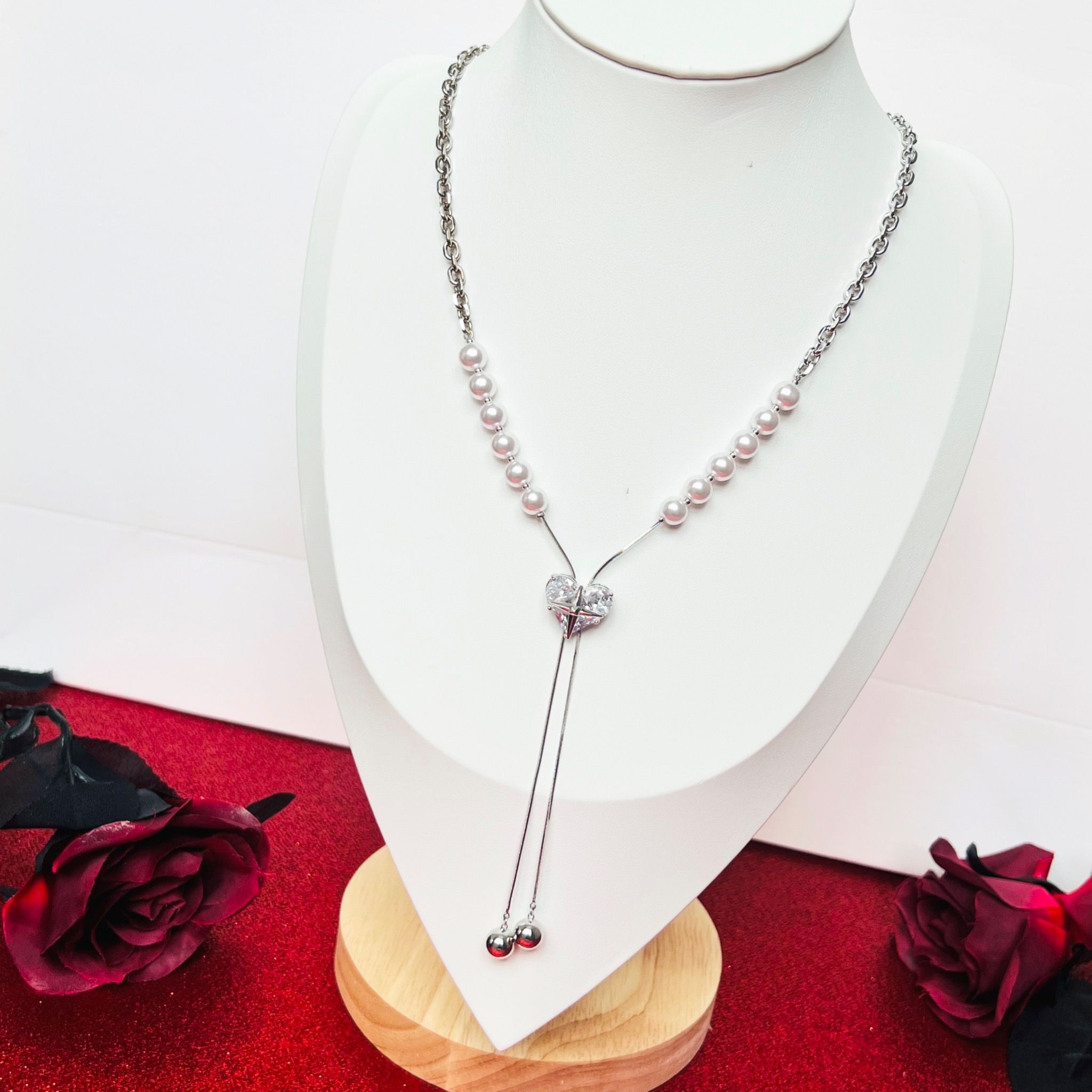 Dây Chuyền Ngắn - Choker Trái Tim Ngọc Trai & Pha Lê Trắng ( Có 2 Kiểu Đeo )