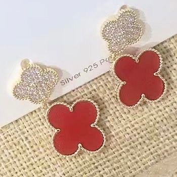 Bông Tai Cỏ 4 Lá May Mắn Màu Đỏ Pha Lê (AJ)