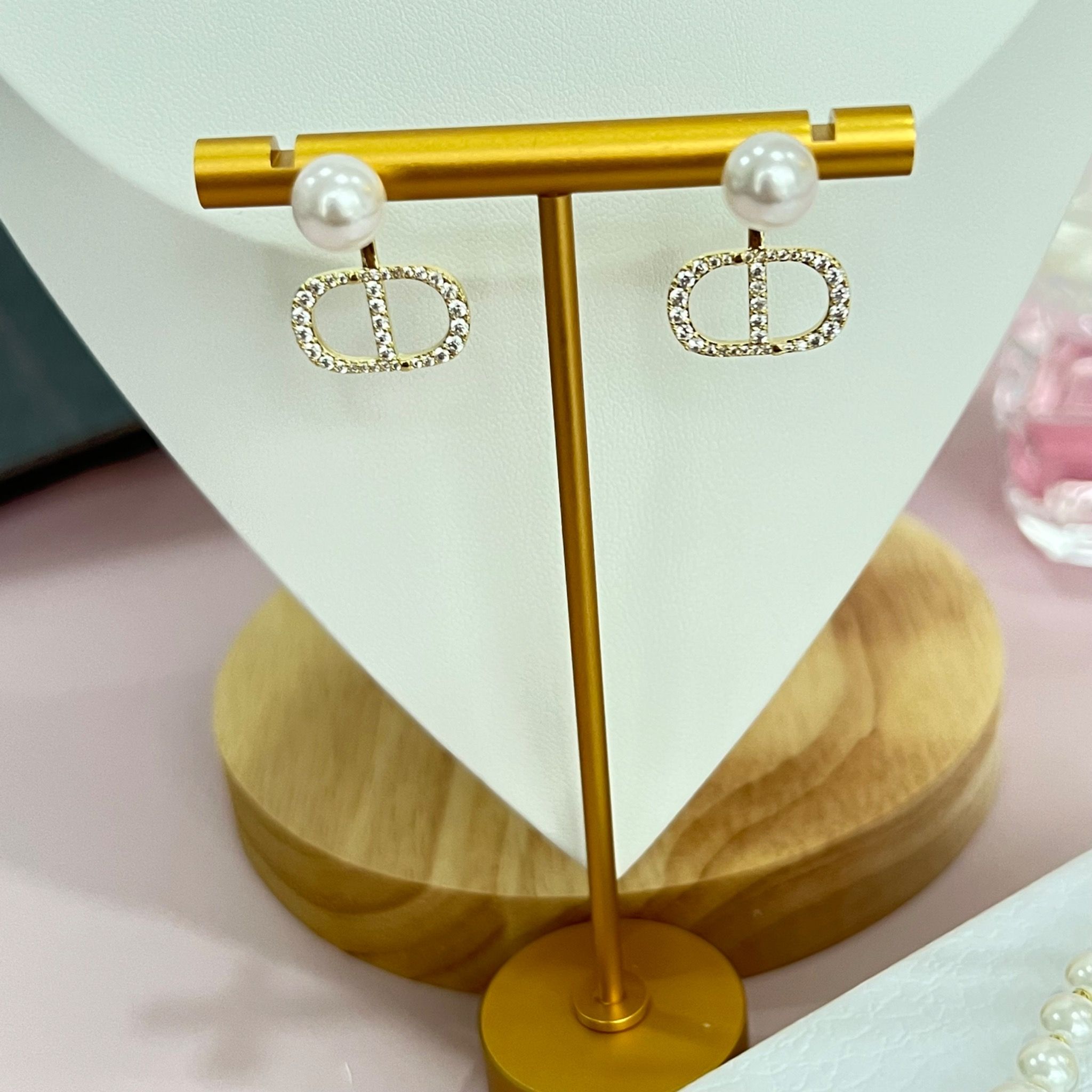Bông Tai Dior Màu Vàng Ngọc Trai & Pha Lê Trắng (AN) - Có 3 Kiểu Đeo