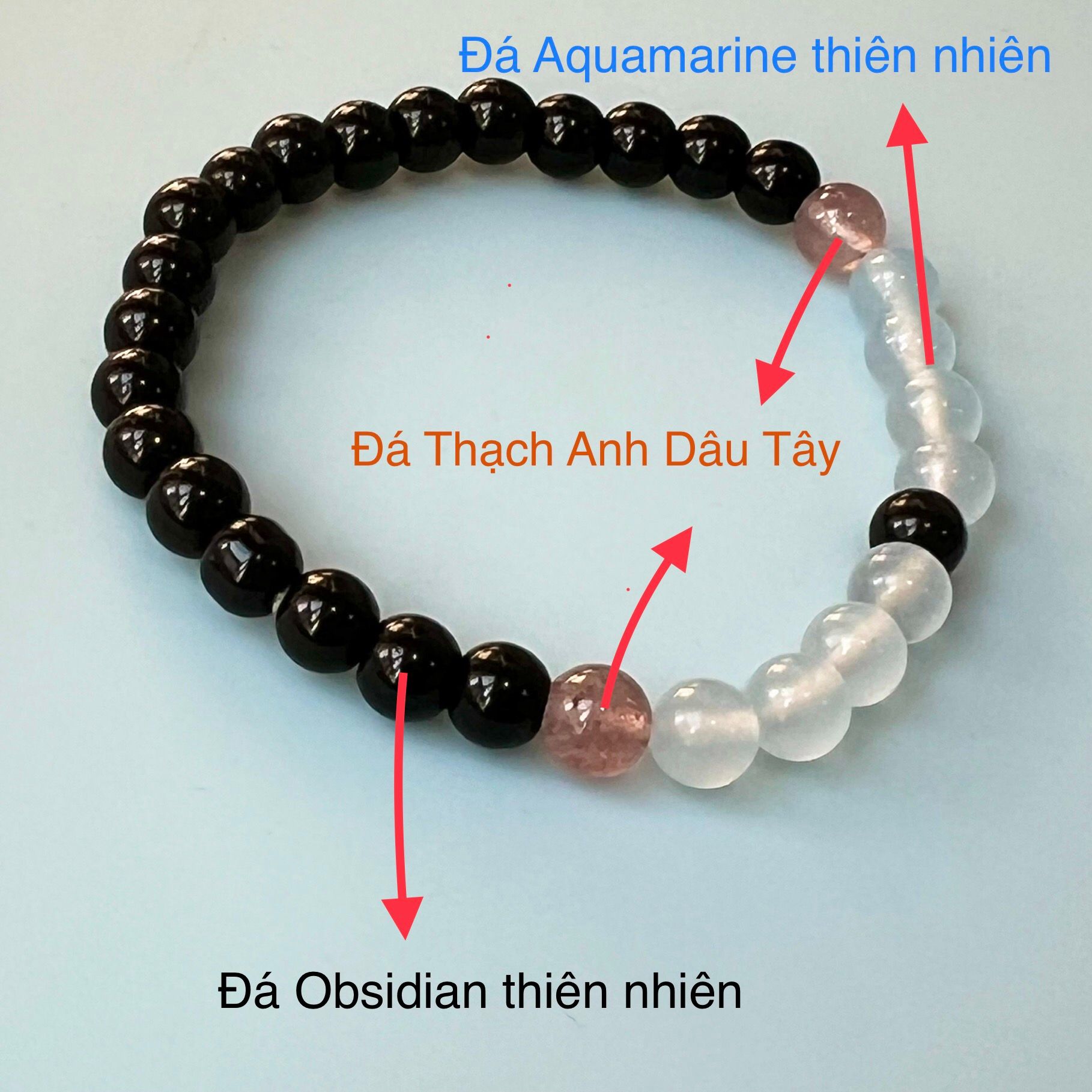 Vòng Tay Phong Thuỷ Cao Cấp - Đá Aquamarine, Đá Obsidian & Đá Thạch Anh Dâu Tây