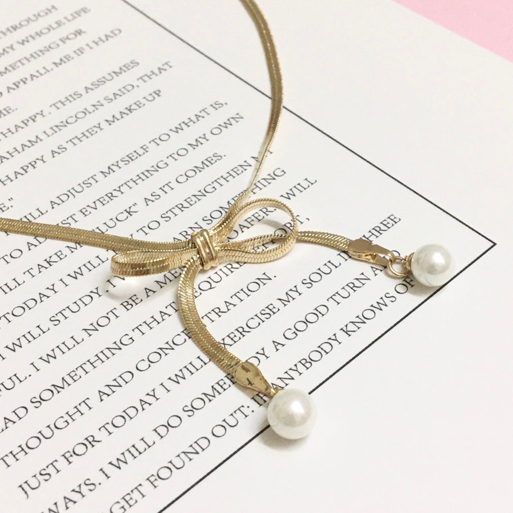 Dây Chuyền Ngắn - Choker Nơ Vàng Ngọc Trai (AB)