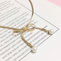 Dây Chuyền Ngắn - Choker Nơ Vàng Ngọc Trai (AB)