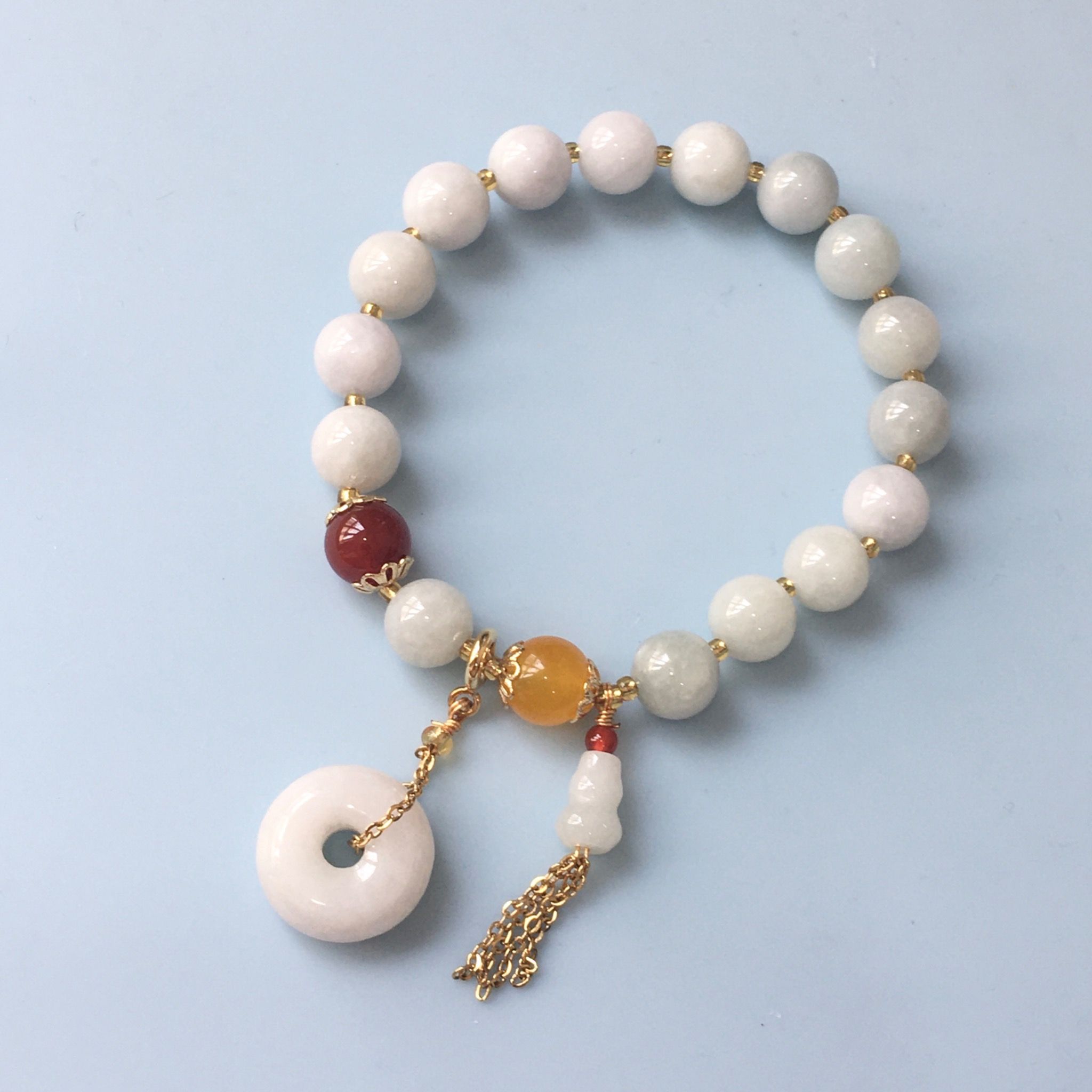 Vòng Tay Phong Thuỷ Cao Cấp - Hồ Lô & Đồng Tiền Đá Cẩm Thạch Thiên Nhiên Quý Phái