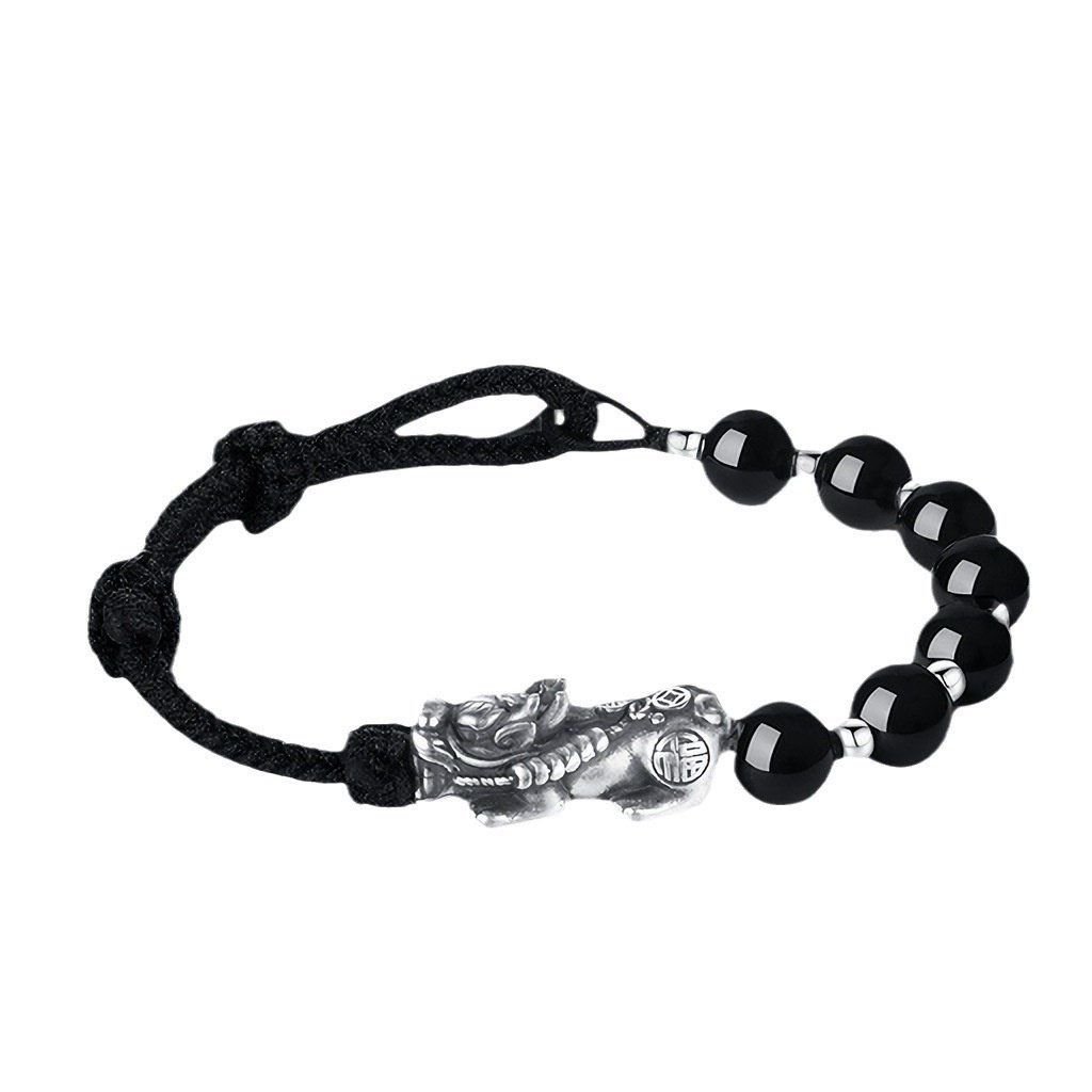 Vòng Tay Phong Thuỷ Nam, Nữ Cao Cấp - Con Kỳ Hưu Bạc S999 & Đá Obsidian Thiên Nhiên