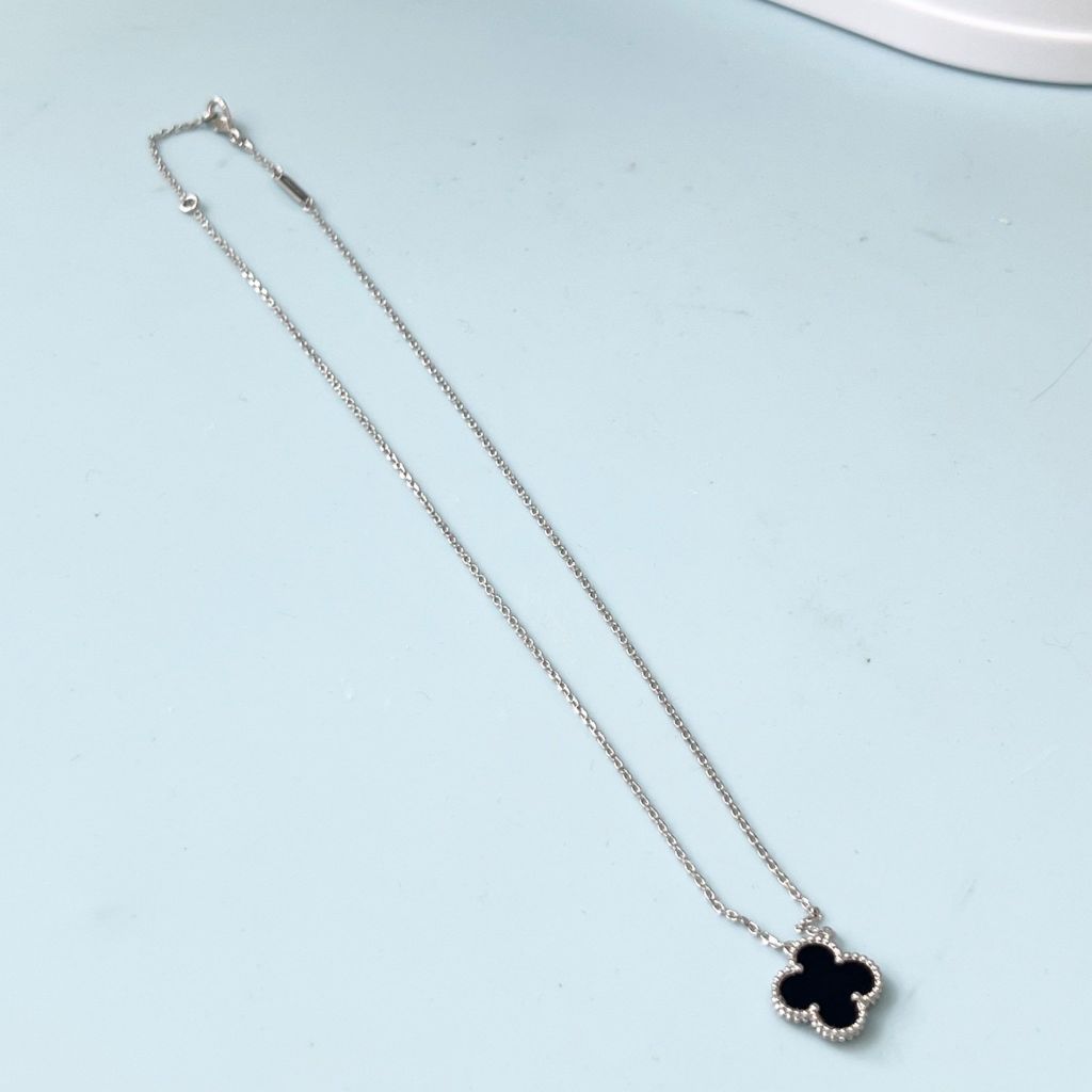 Bộ Trang Sức Cỏ 4 Lá May Mắn Trắng Đen Size 1cm - Dây Chuyền, Vòng Tay & Bông Tai Pha Lê (AN)