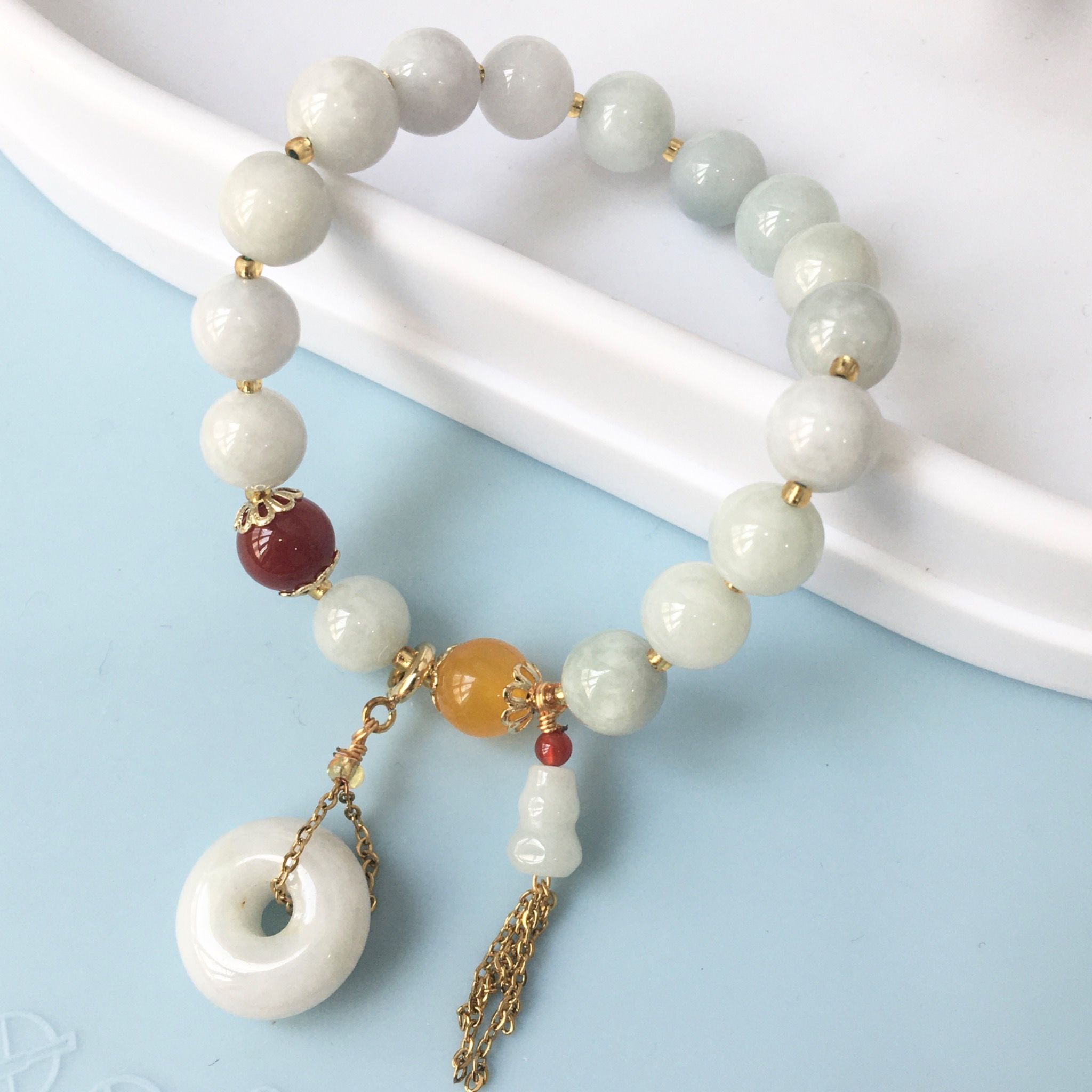 Vòng Tay Phong Thuỷ Cao Cấp - Hồ Lô & Đồng Tiền Đá Cẩm Thạch Thiên Nhiên Quý Phái