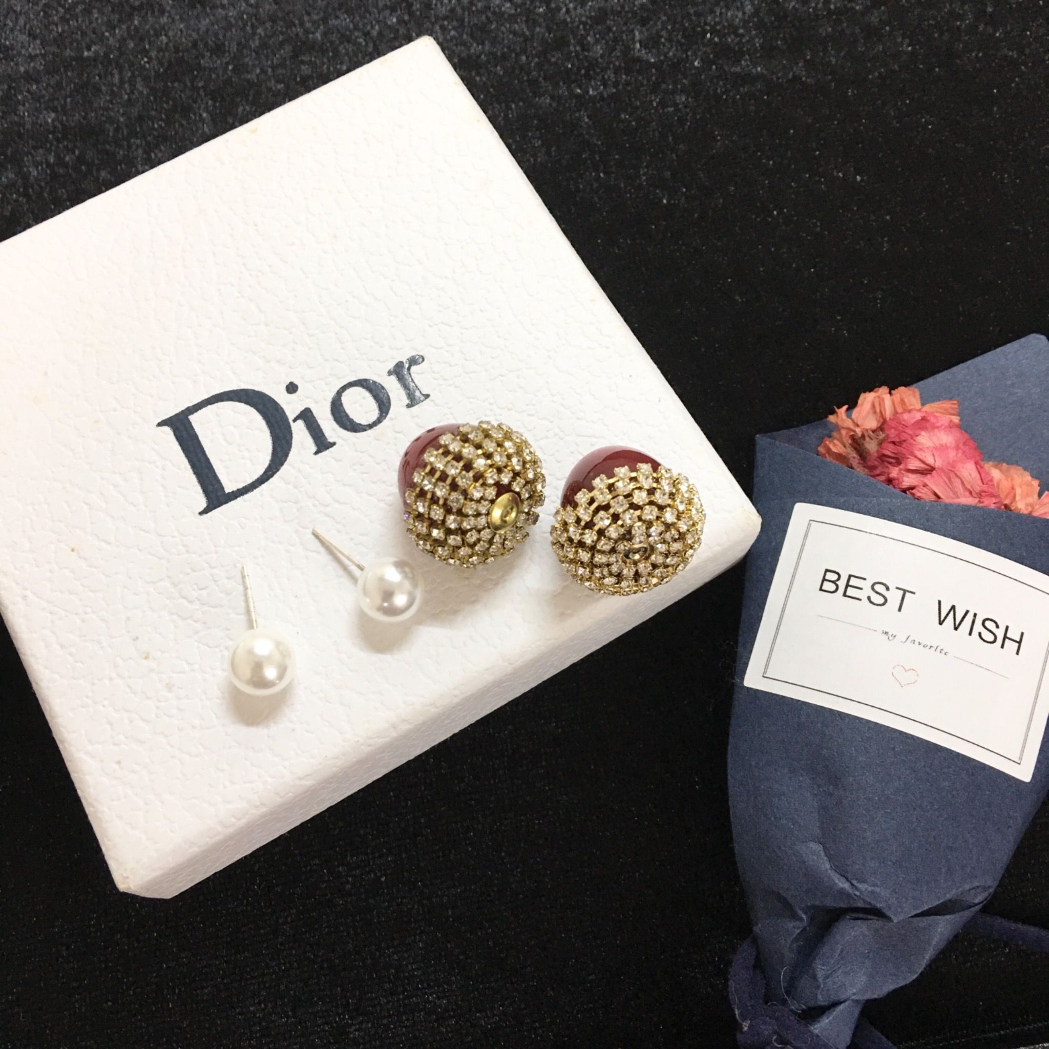 Bông Tai Di.oor Màu Đỏ Ngọc Trai & Pha Lê Trắng ( Có 3 Kiểu Đeo )