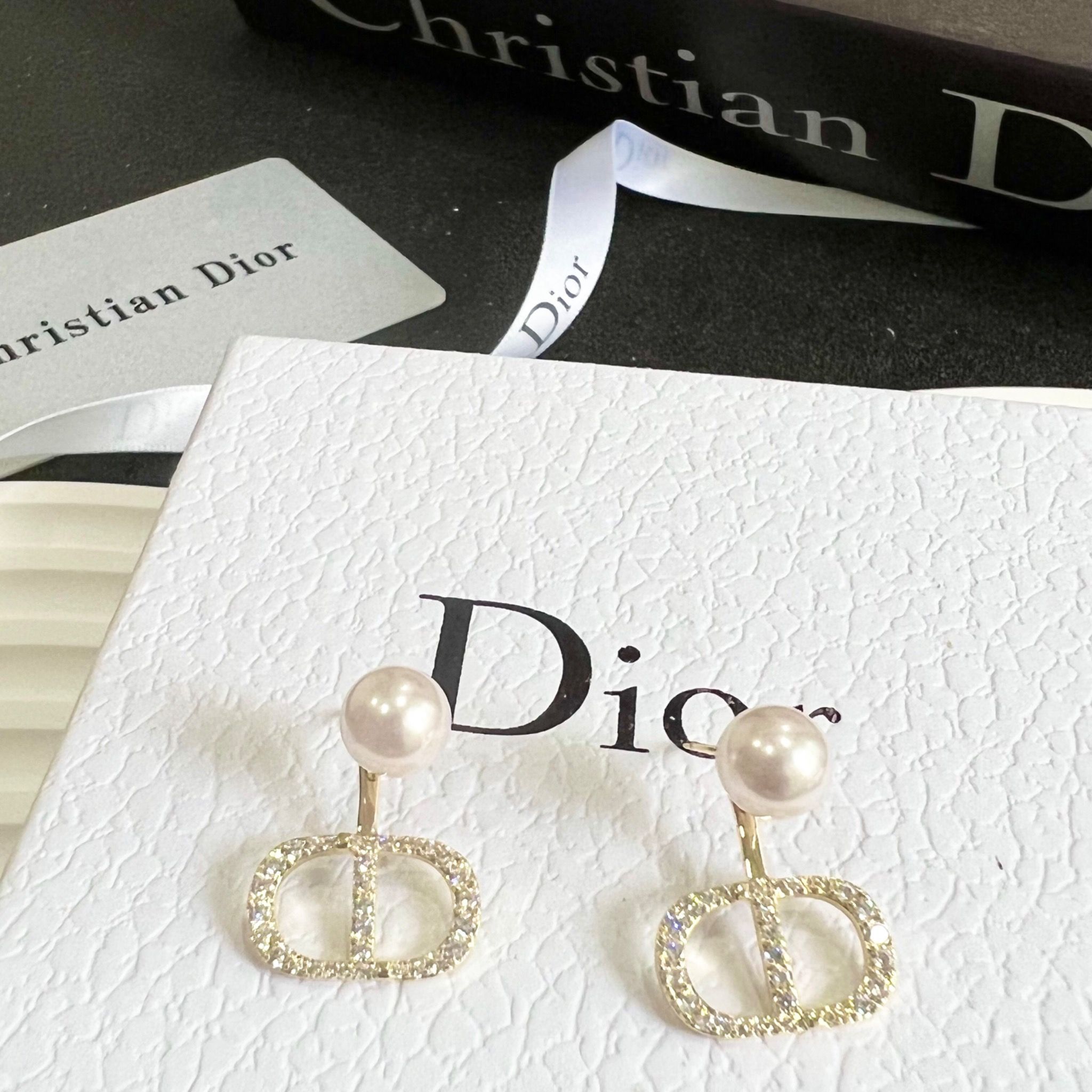 Bông Tai Dior Màu Vàng Ngọc Trai & Pha Lê Trắng (AN) - Có 3 Kiểu Đeo