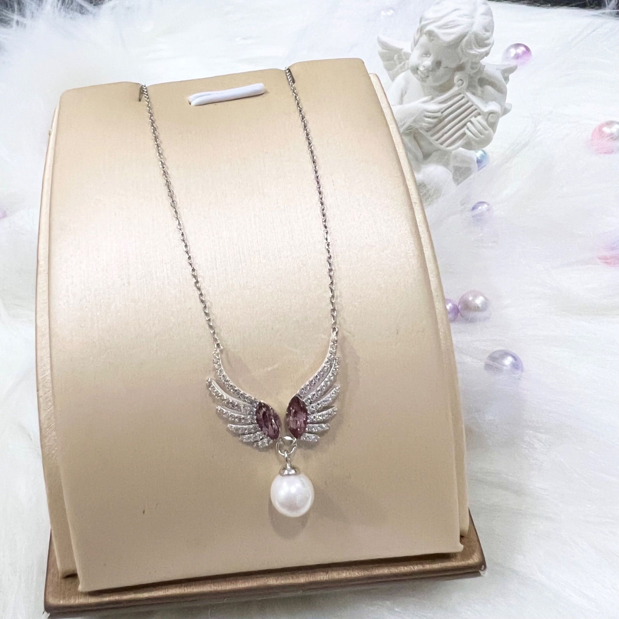 Dây Chuyền Bạc Cao Cấp - Đôi Cánh Thiên Thần Pha Lê Đỏ & Ngọc Trai Trắng