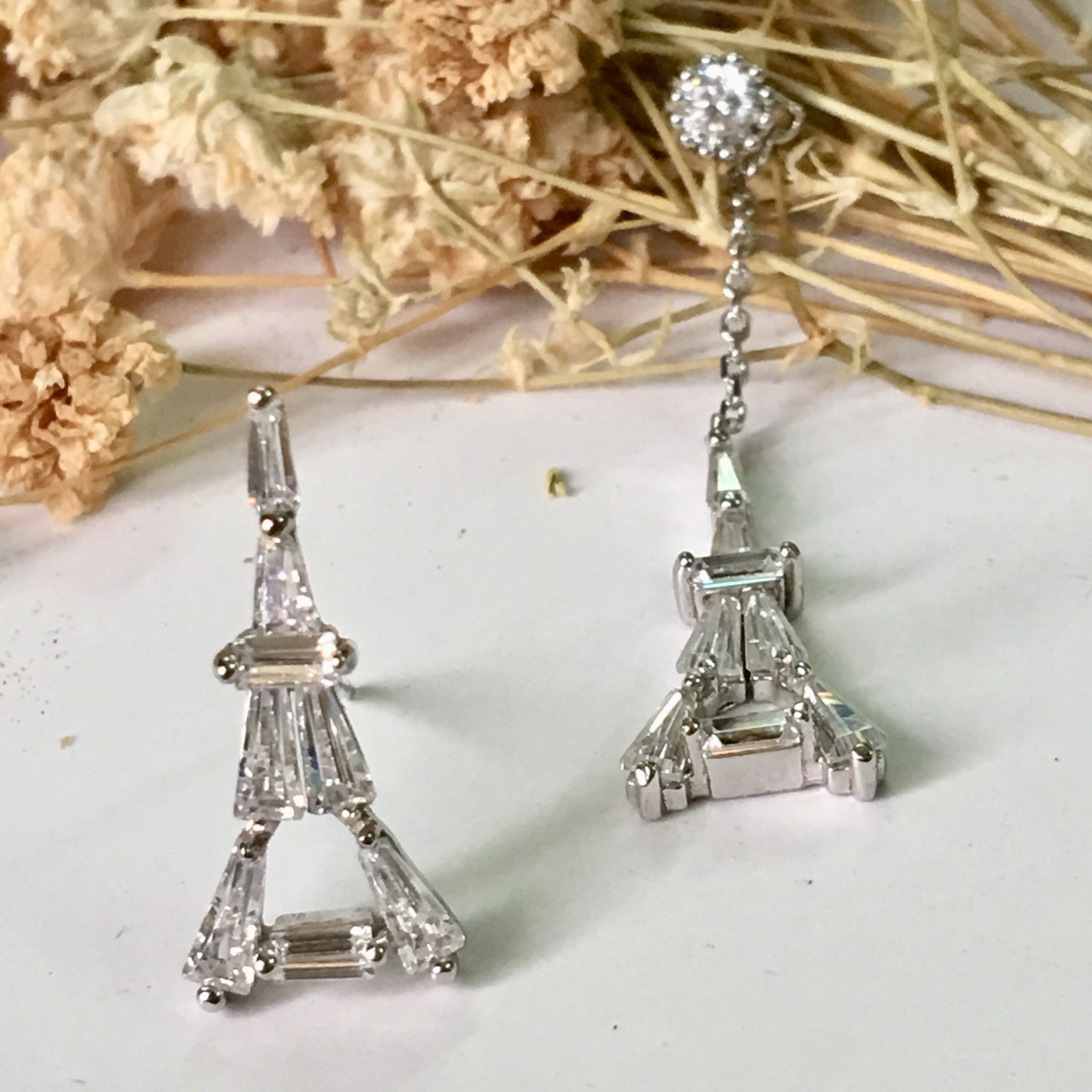 Bông Tai Bạc Cao Cấp - Tháp Paris So Le Cá Tính Pha Lê (AB)