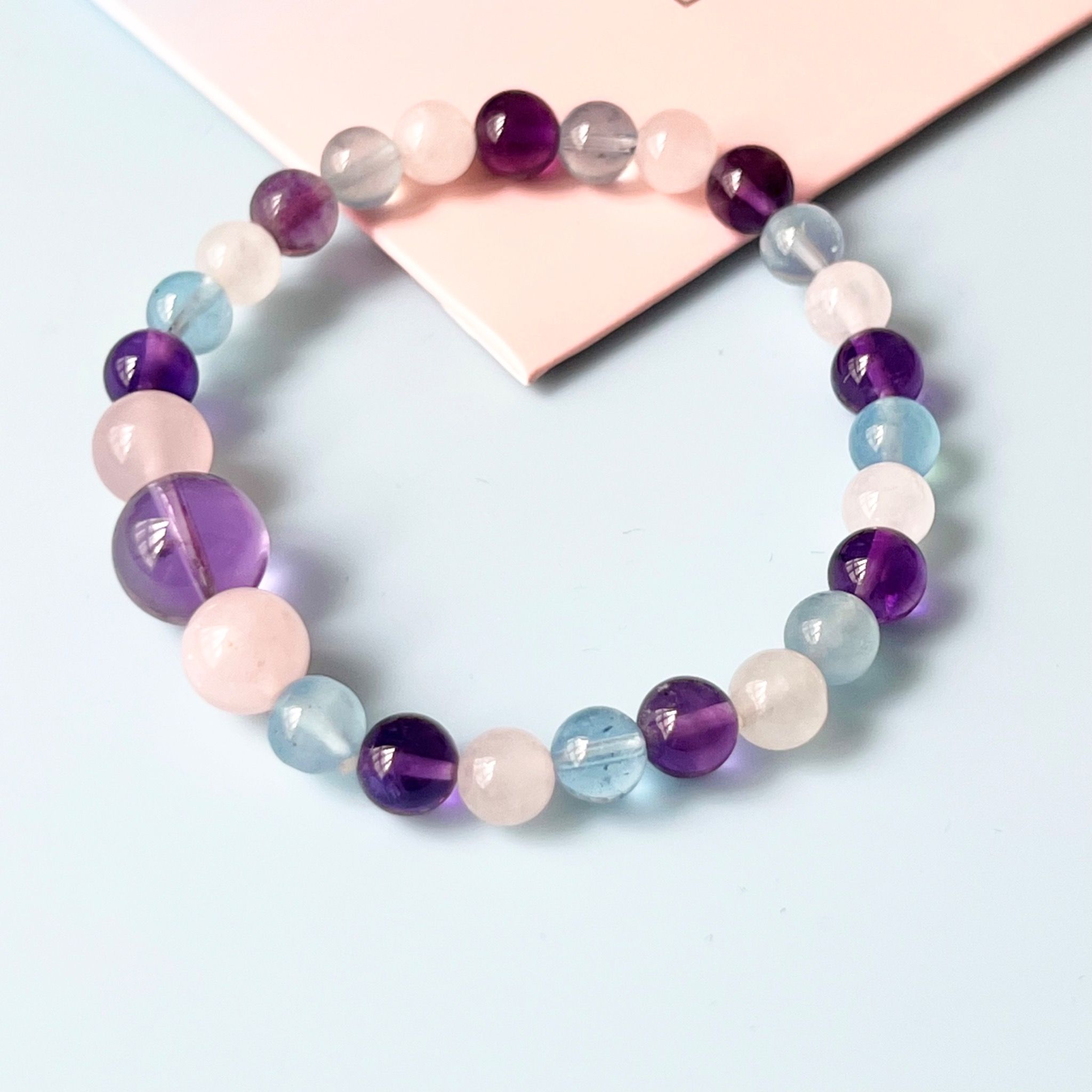 Vòng Tay Phong Thuỷ Cao Cấp - Đá Thiên Nhiên Aquamarine, Đá Thạch Anh Tím, Hồng & Trắng