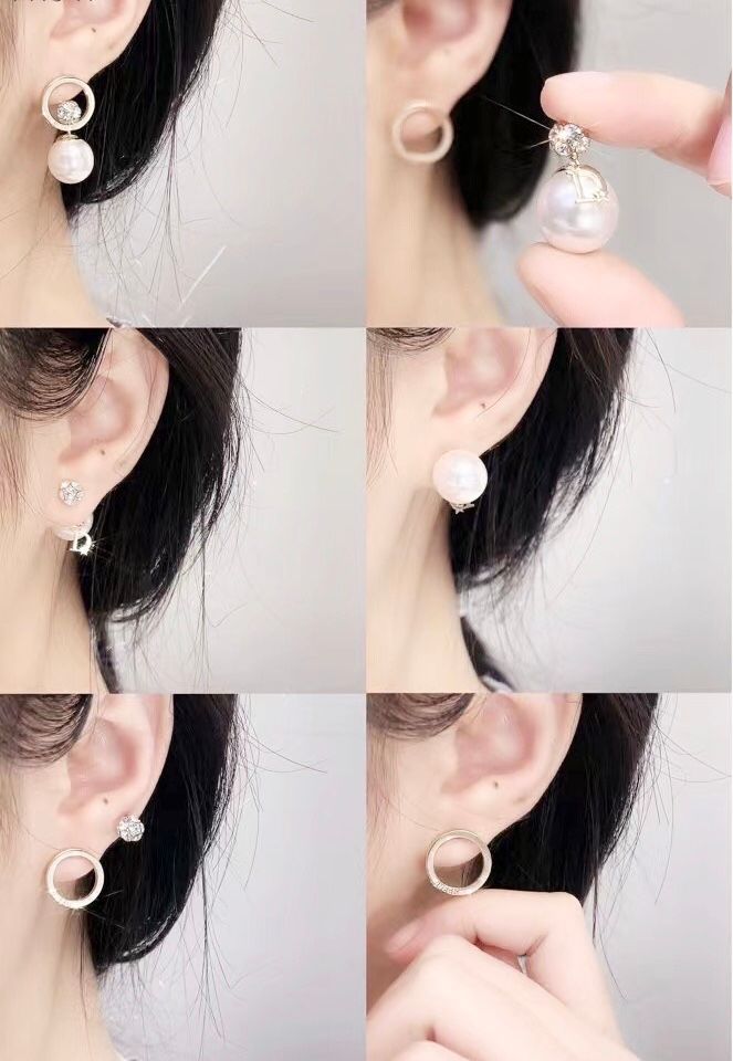 Bông Tai Di.oor Màu Vàng Ngọc Trai & Pha Lê Trắng ( Có 6 Kiểu Đeo )