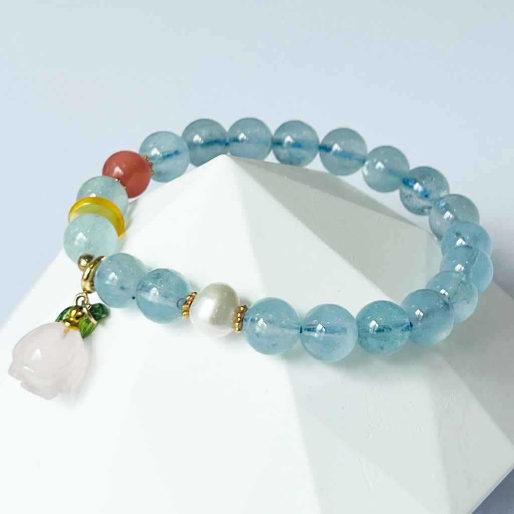  Vòng Tay Phong Thuỷ Cao Cấp - Hoa Hồng Thạch Anh Hồng, Aquamarine & Ngọc Trai Thiên Nhiên 