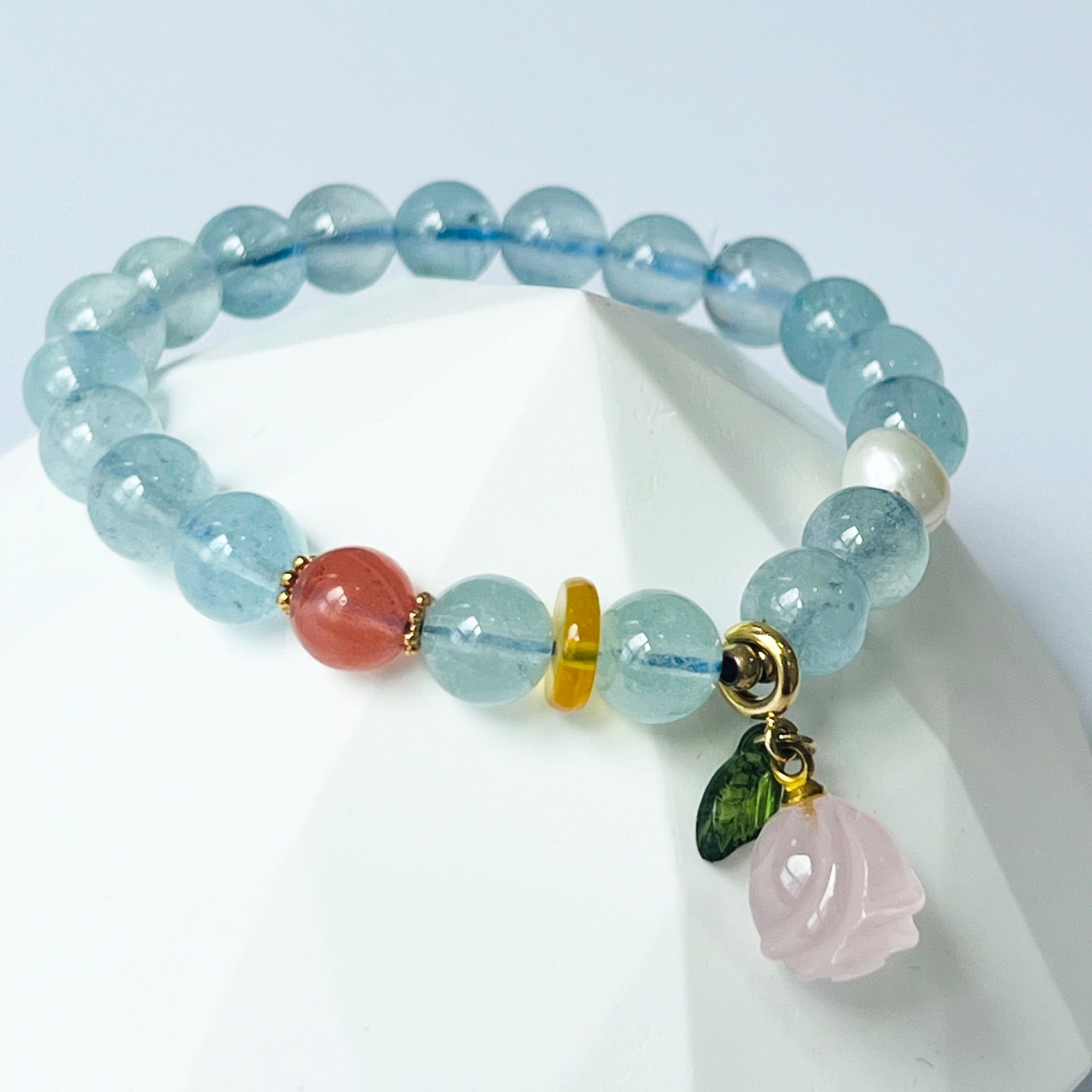 Vòng Tay Phong Thuỷ Cao Cấp - Hoa Hồng Thạch Anh Hồng, Aquamarine & Ngọc Trai Thiên Nhiên