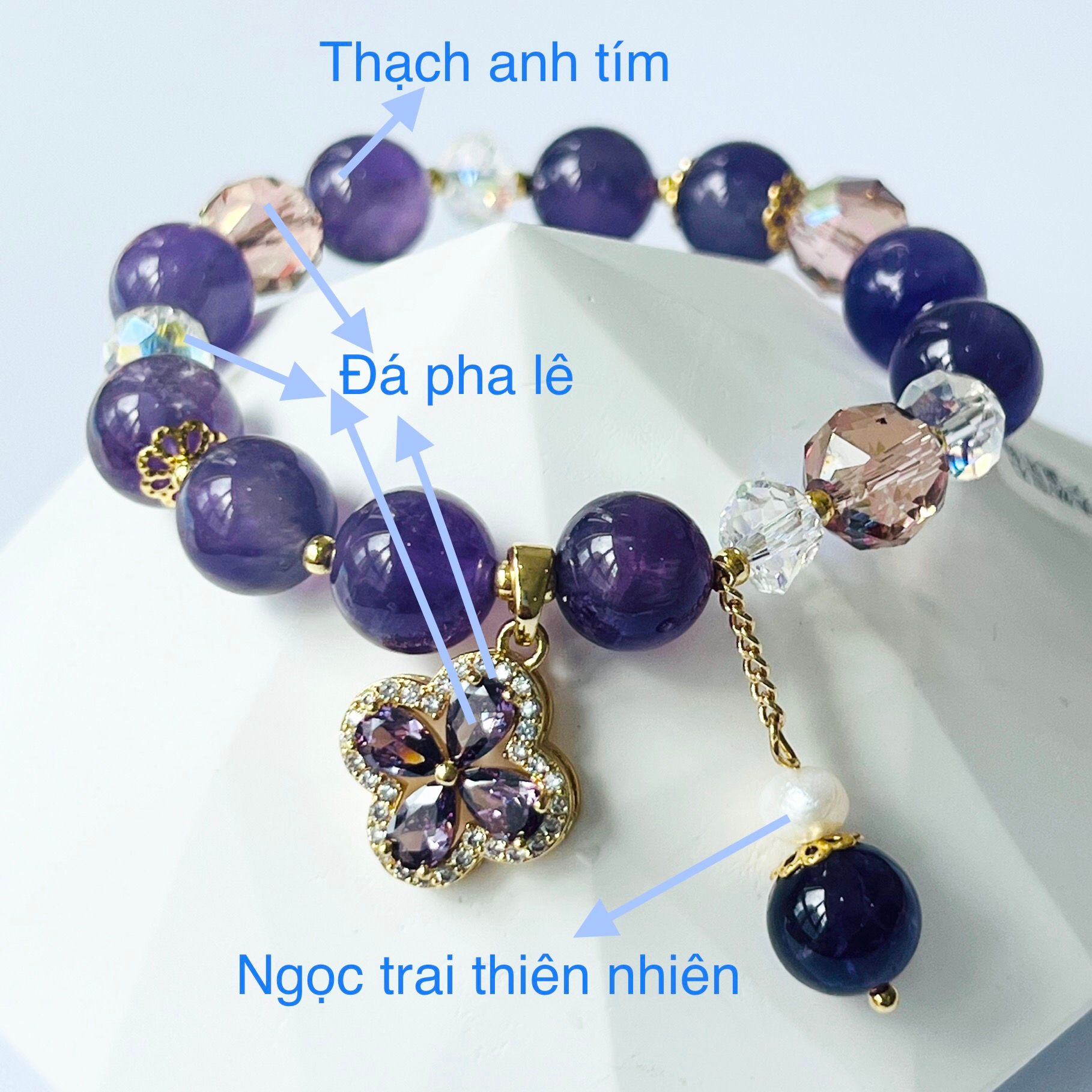 Vòng Tay Phong Thuỷ Cao Cấp - Cỏ 4 Lá May Mắn Thạch Anh Tím, Thạch Anh Trắng & Ngọc Trai Thiên Nhiên