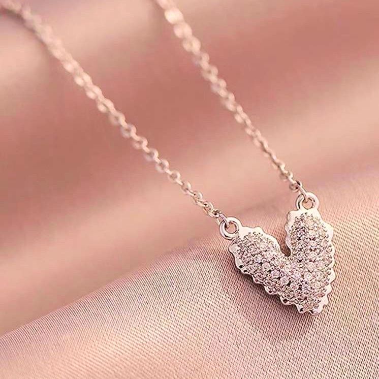 Bộ Trang Sức Bạc Cao Cấp - Dây Chuyền & Bông Tai Trái Tim Pha Lê Hồng (AF)