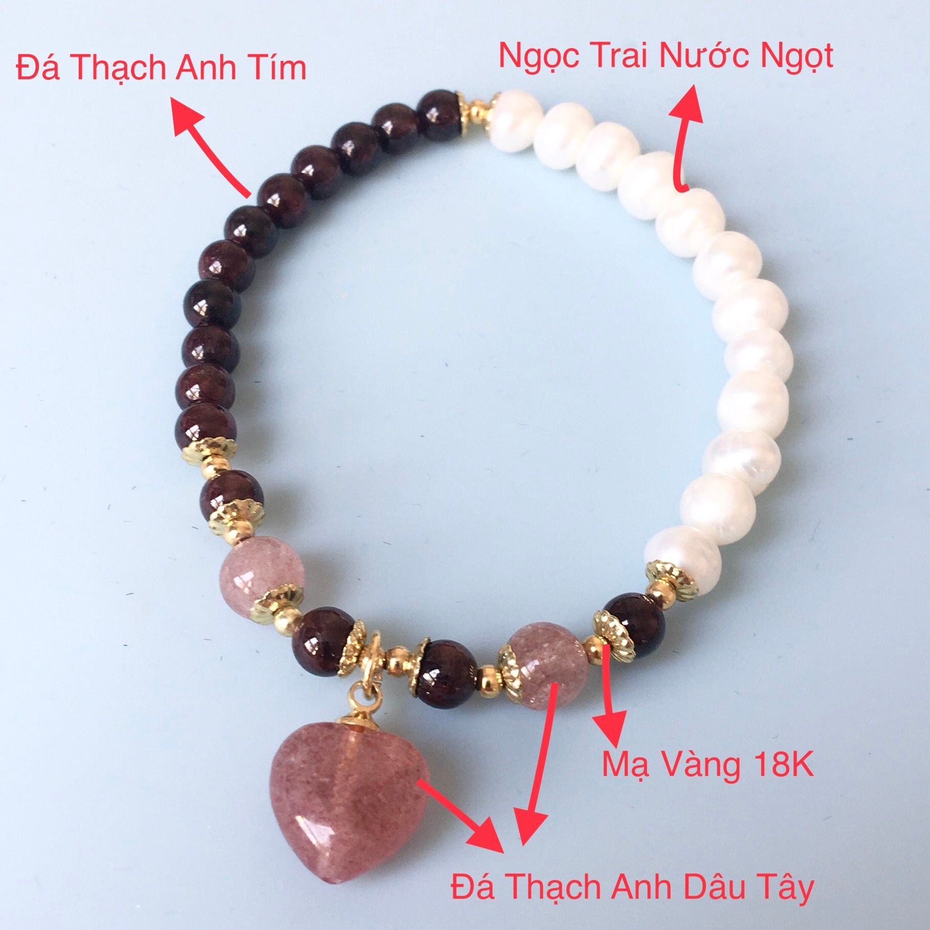 Vòng Đá Phong Thuỷ Cao Cấp - Trái Tim Đá Thạch Anh Dâu Tây, Thạch Anh Tím & Ngọc Trai Nước Ngọt (AF)