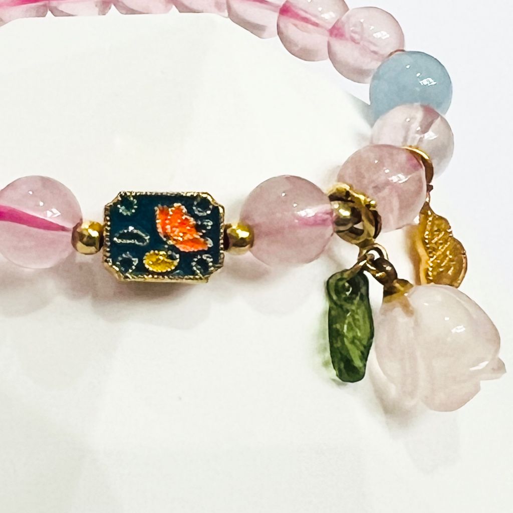  Vòng Tay Phong Thuỷ Cao Cấp - Hoa Hồng Thạch Anh Hồng & Aquamarine 