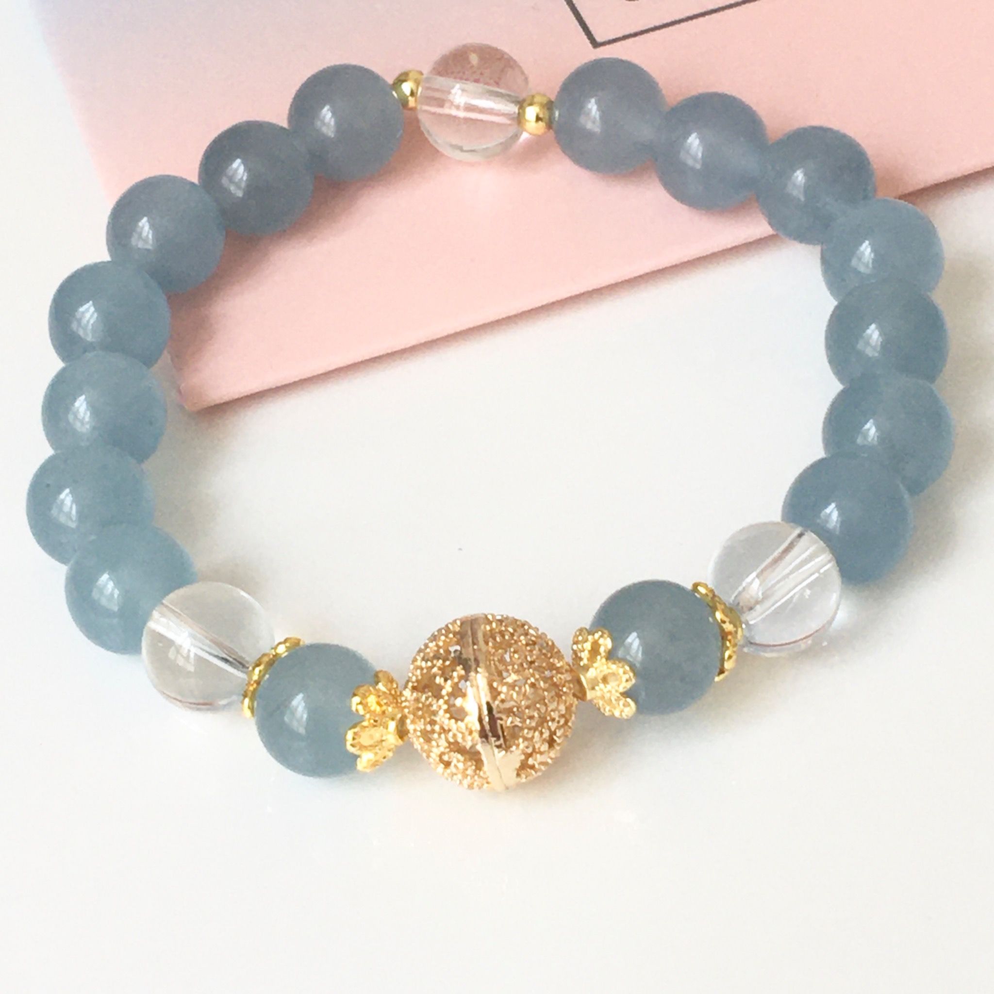 Vòng Đá Phong Thuỷ Cao Cấp - Quả Cầu Vàng Đá Aquamarine & Đá Thạch Anh Trắng Tự Nhiên