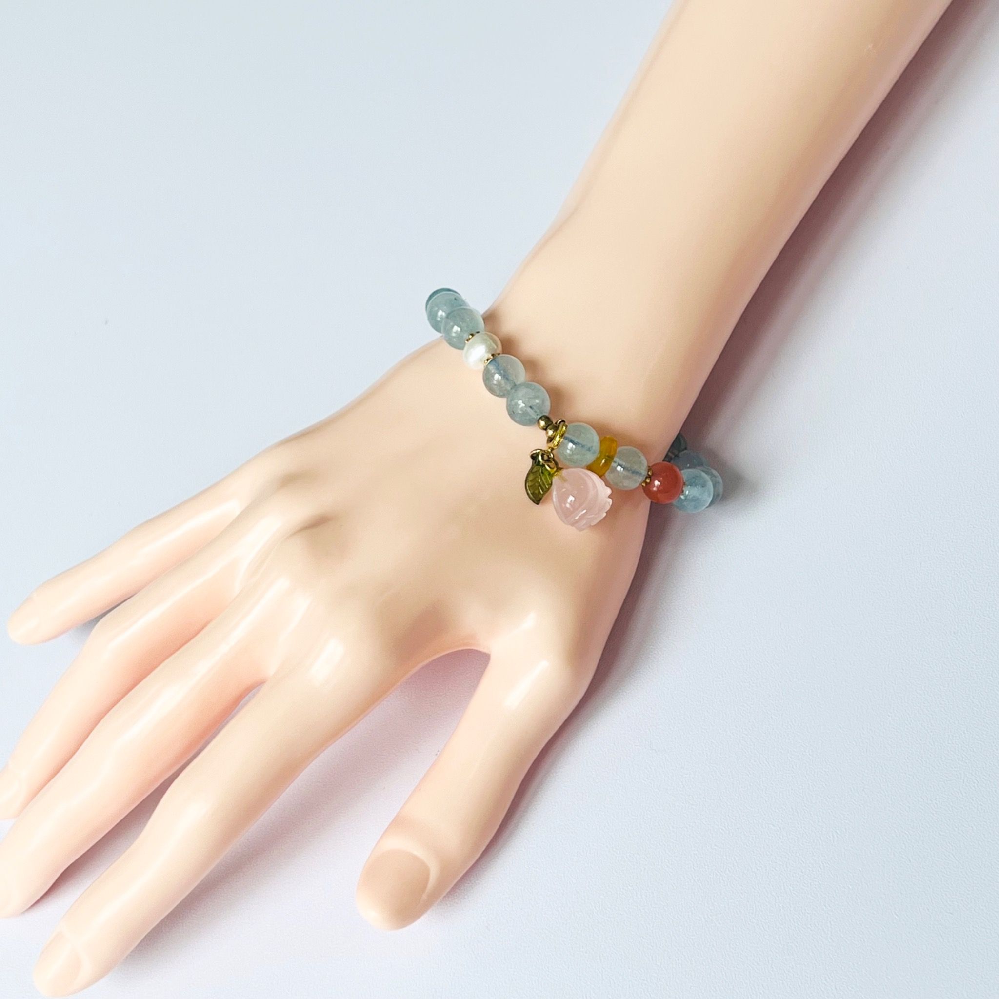 Vòng Tay Phong Thuỷ Cao Cấp - Hoa Hồng Thạch Anh Hồng, Aquamarine & Ngọc Trai Thiên Nhiên