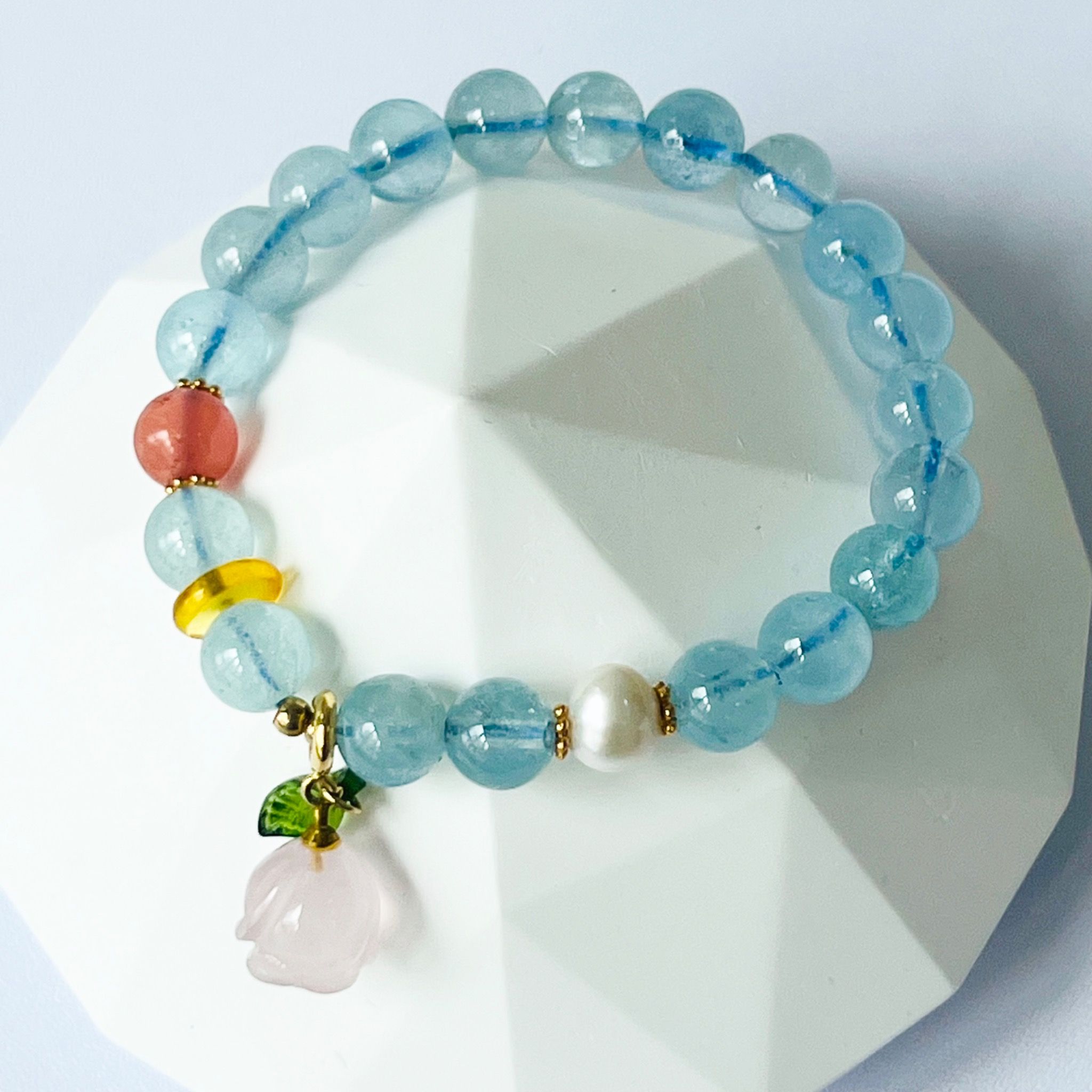 Vòng Tay Phong Thuỷ Cao Cấp - Hoa Hồng Thạch Anh Hồng, Aquamarine & Ngọc Trai Thiên Nhiên