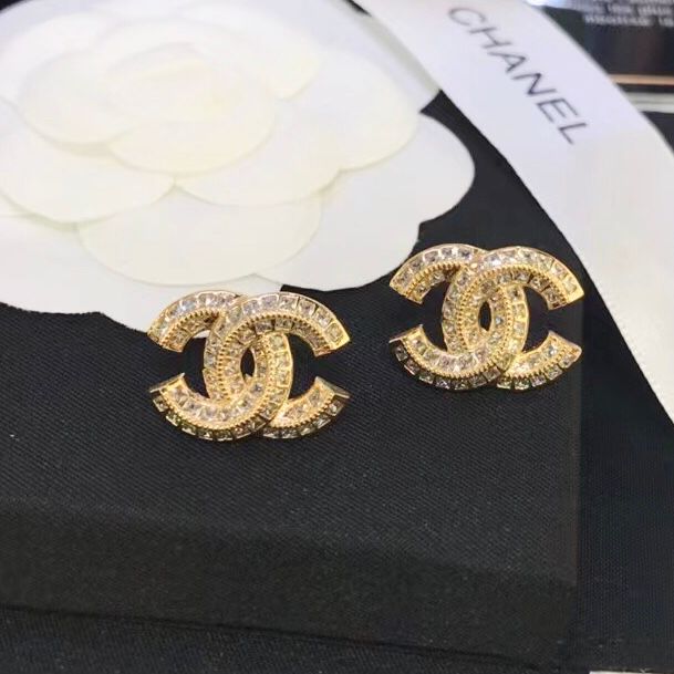 Bông Tai Chanel Bản To Màu Vàng Pha Lê Trắng (BL)