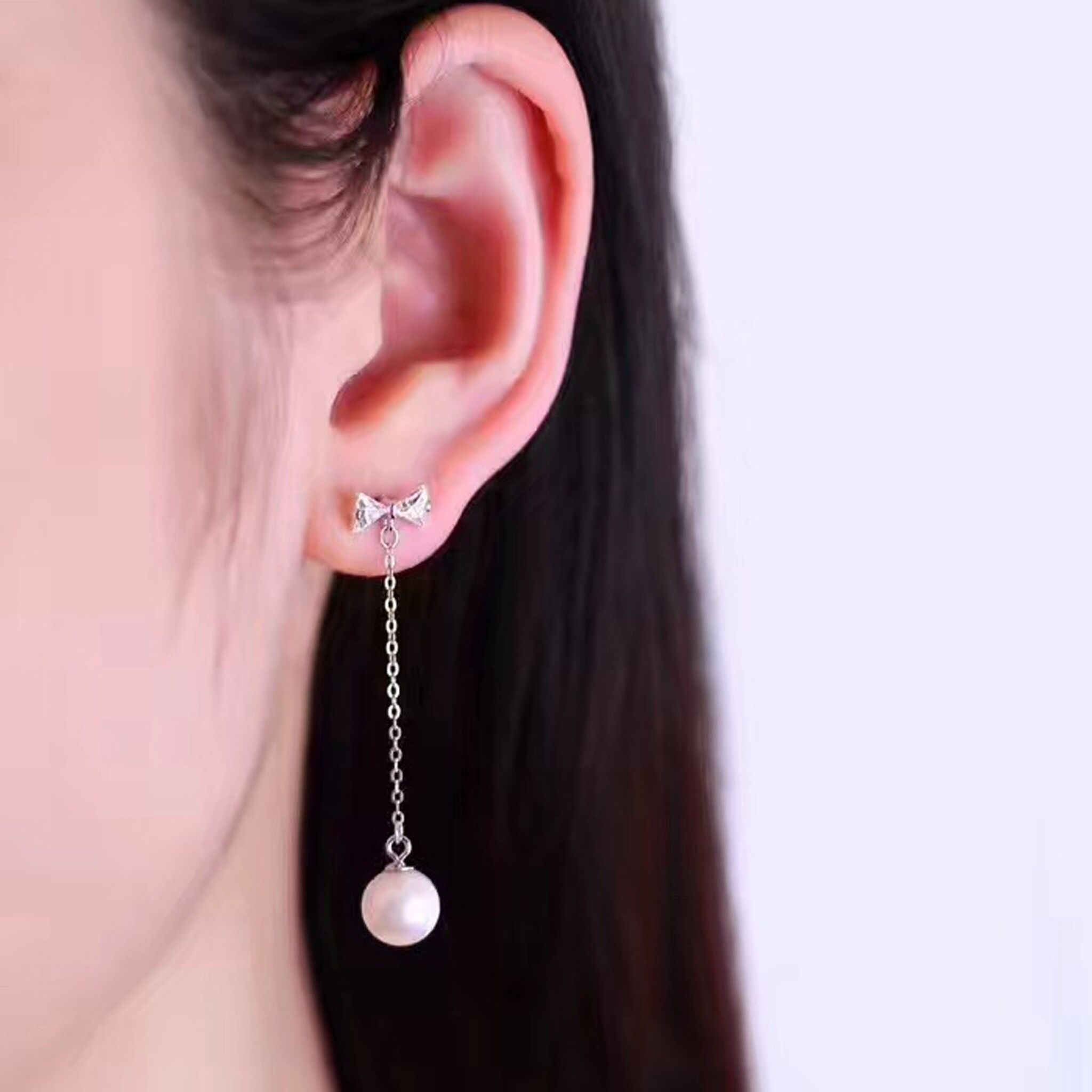 Bộ Trang Sức Bạc Cao Cấp - Dây Chuyền & Bông Tai Thắt Nơ Ngọc Trai & Pha Lê (AA)