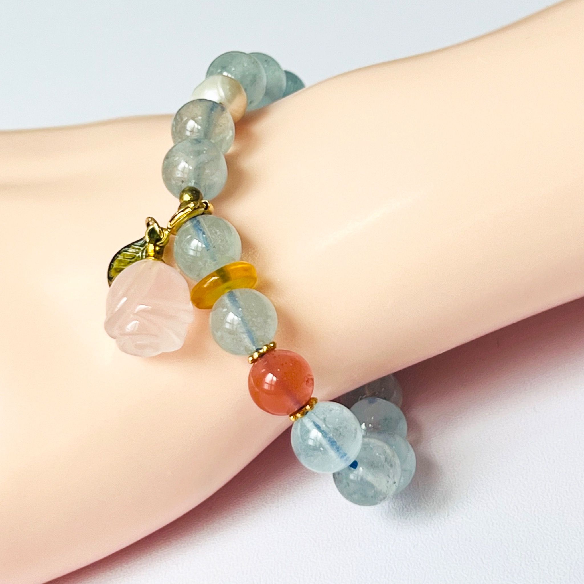 Vòng Tay Phong Thuỷ Cao Cấp - Hoa Hồng Thạch Anh Hồng, Aquamarine & Ngọc Trai Thiên Nhiên