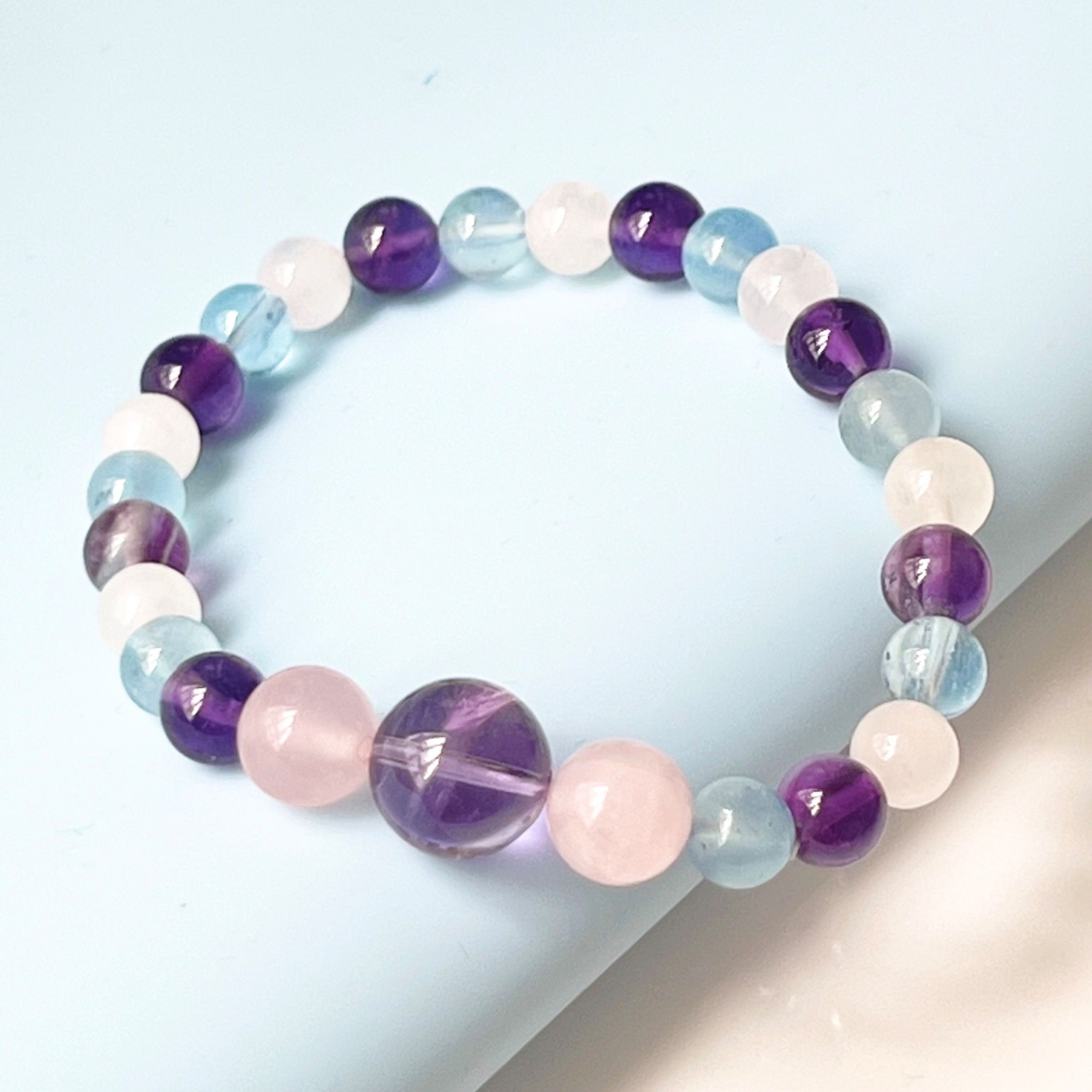 Vòng Tay Phong Thuỷ Cao Cấp - Đá Thiên Nhiên Aquamarine, Đá Thạch Anh Tím, Hồng & Trắng