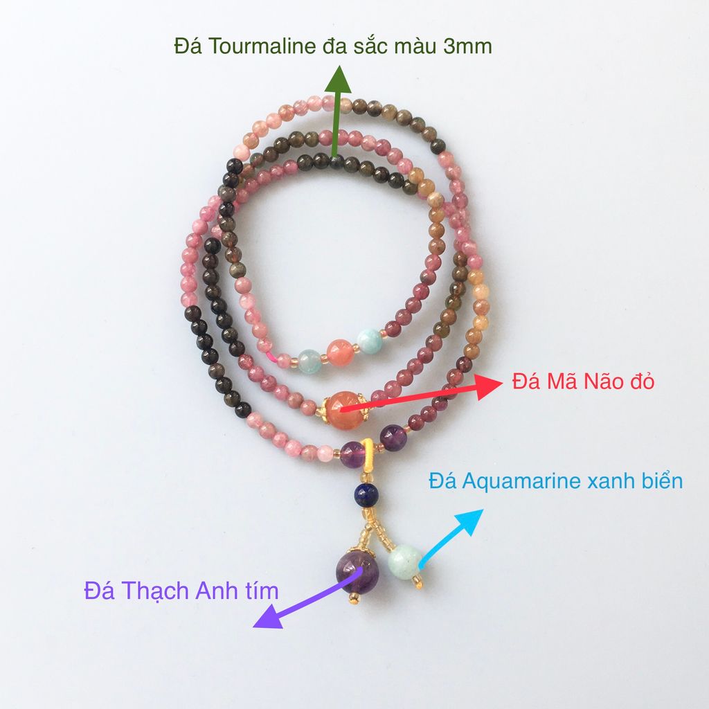  Vòng Tay Phong Thuỷ Cao Cấp - 3 Vòng Đá Tourmaline Đa Sắc Màu, Đá Aquamarine, Đá Thạch Anh Tím Thiên Nhiên & Đá Mã Não Đỏ May Mắn 