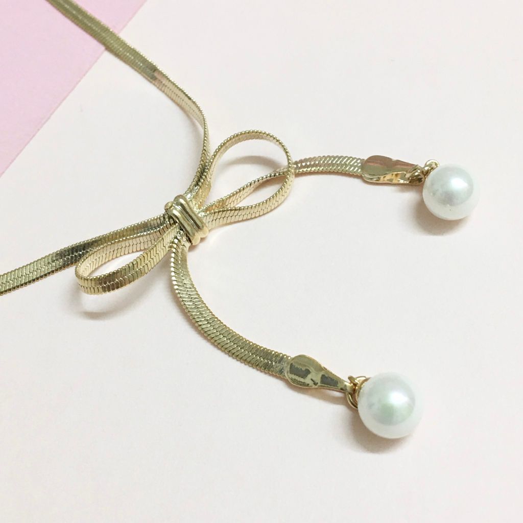 Dây Chuyền Ngắn - Choker Nơ Vàng Ngọc Trai (AB)
