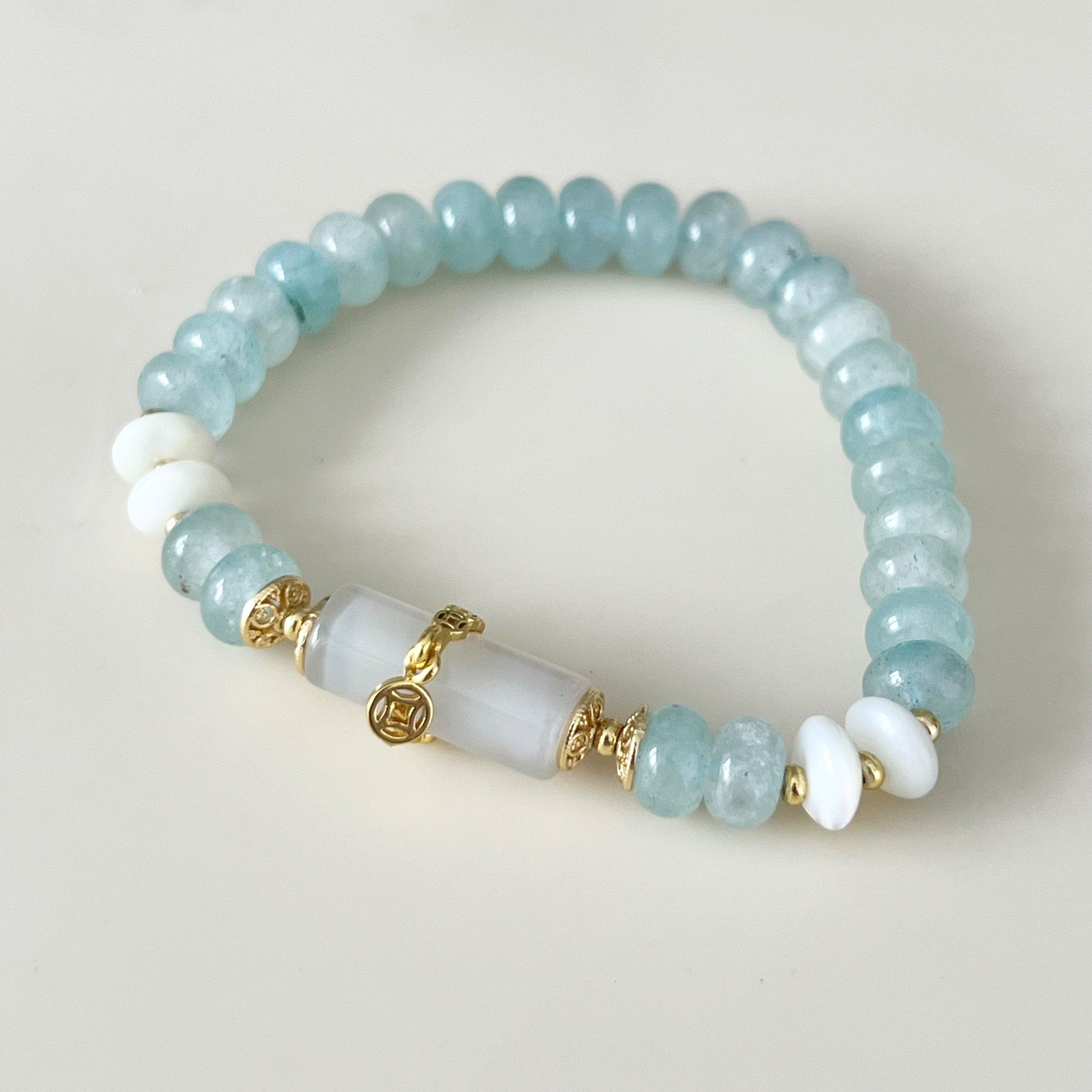Vòng Tay Phong Thuỷ Cao Cấp - Đá Aquamarine Xanh & Thạch Anh Trắng Tự Nhiên