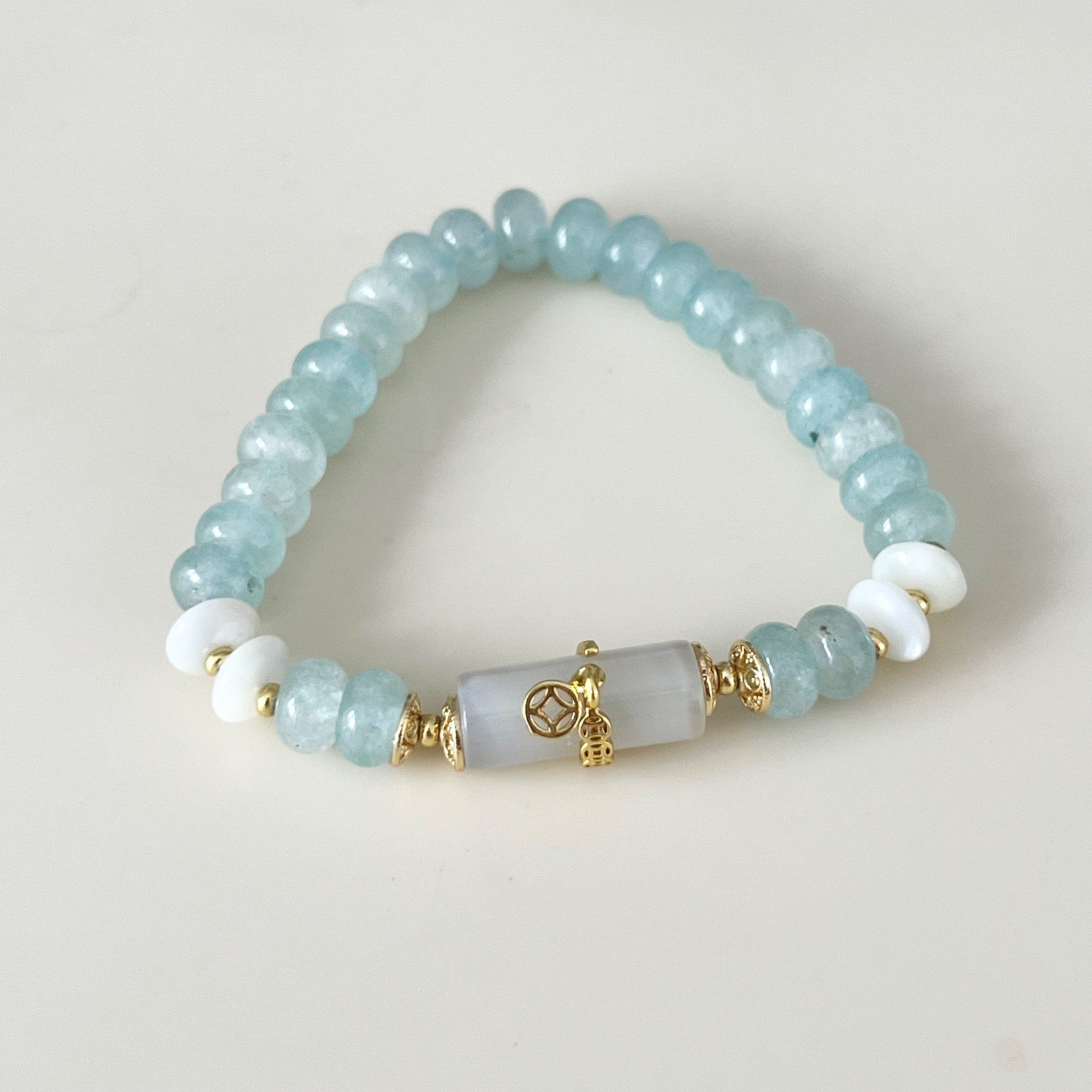 Vòng Tay Phong Thuỷ Cao Cấp - Đá Aquamarine Xanh & Thạch Anh Trắng Tự Nhiên
