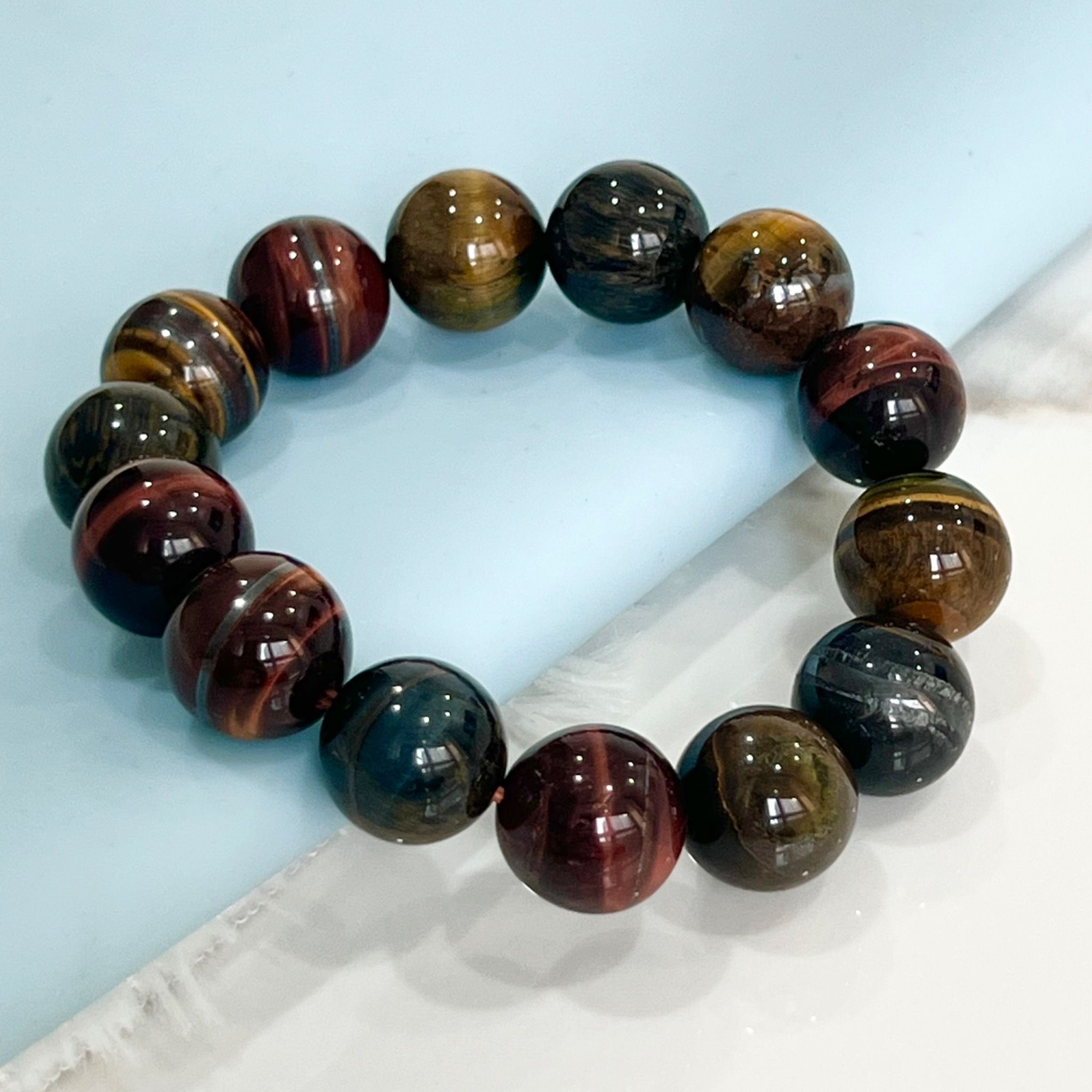 Vòng Tay Phong Thuỷ Cao Cấp - Đá Mắt Hổ Tam Tài 14mm Tự Nhiên (AA)