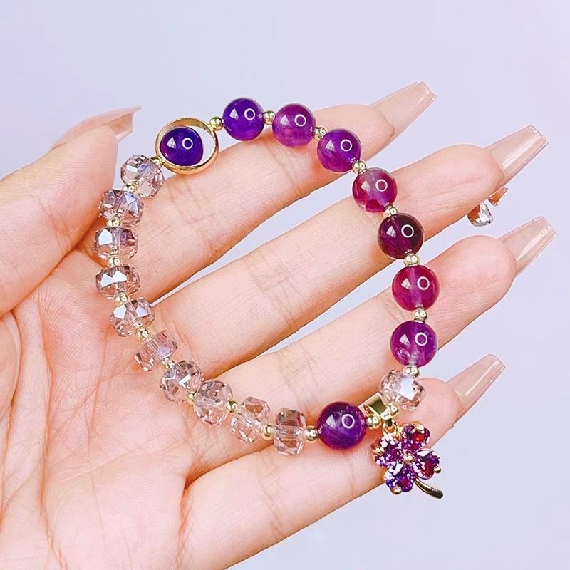 Vòng Tay Phong Thuỷ Cao Cấp - Cỏ 4 Lá May Mắn Pha Lê & Thạch Anh Tím Thiên Nhiên